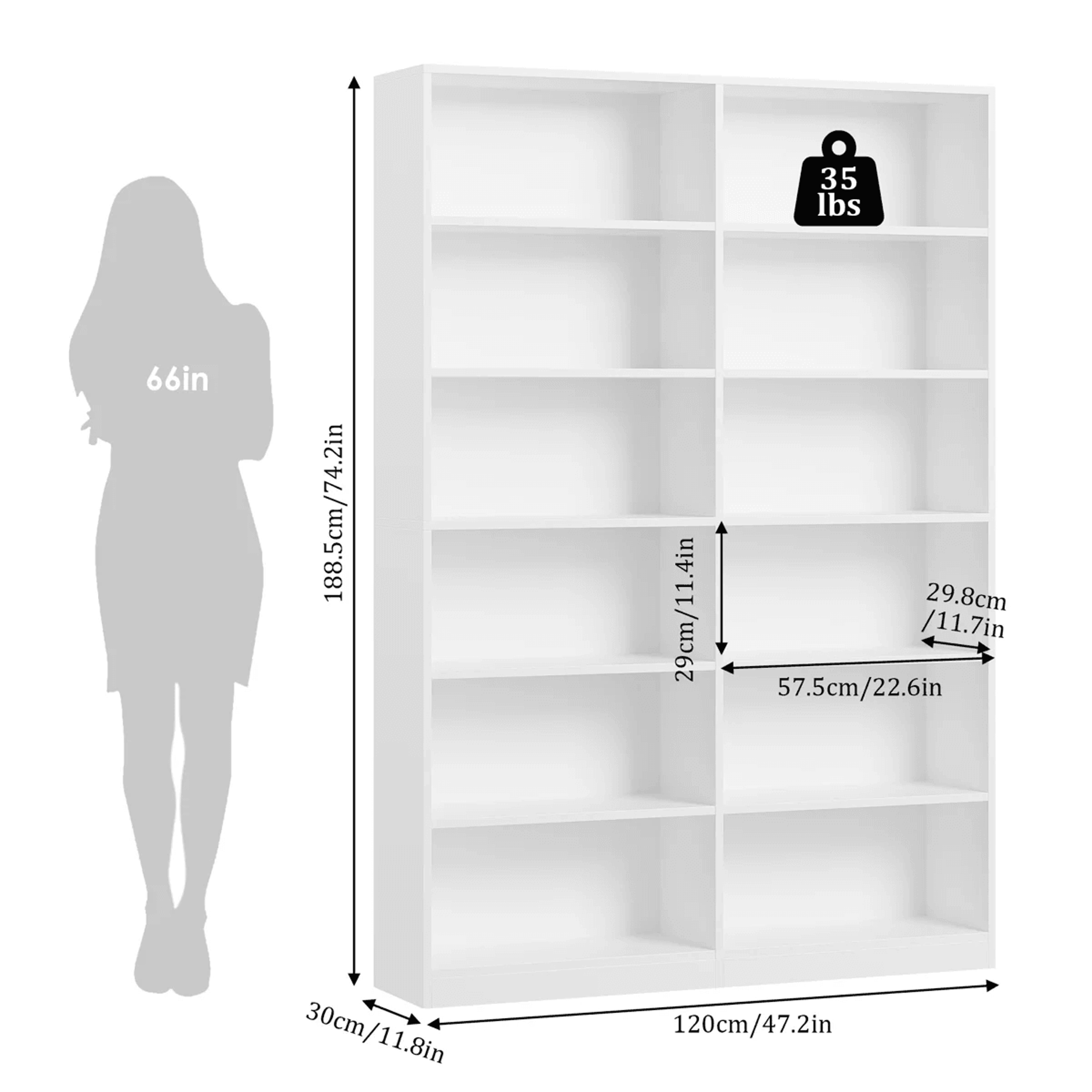 White Double Wide 6 Tier Wood Bookcase With Open Shelves And Scratch Resistant Finish 4