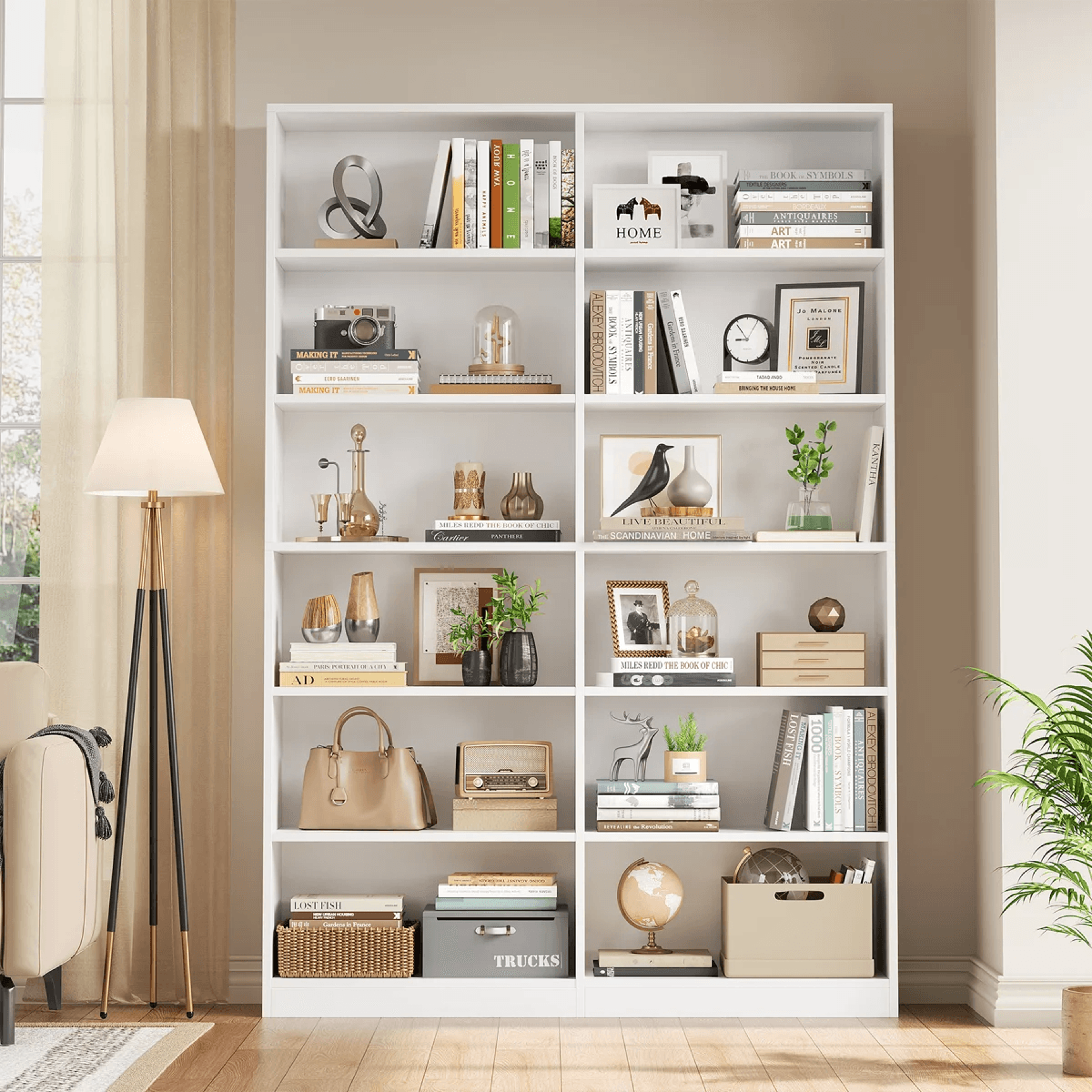 White Double Wide 6 Tier Wood Bookcase With Open Shelves And Scratch Resistant Finish 5