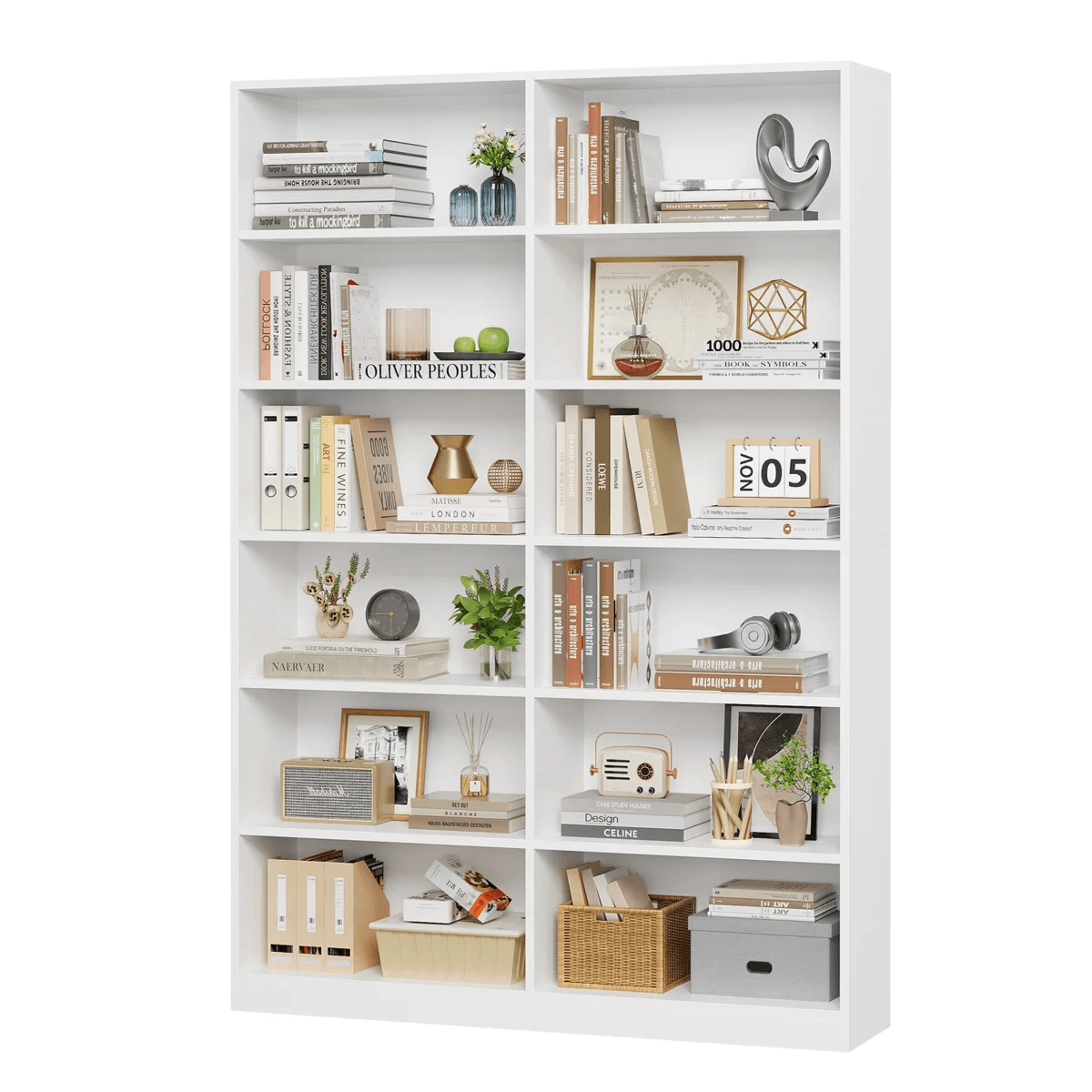 white double wide 6 tier wood bookcase with open shelves and scratch resistant finish