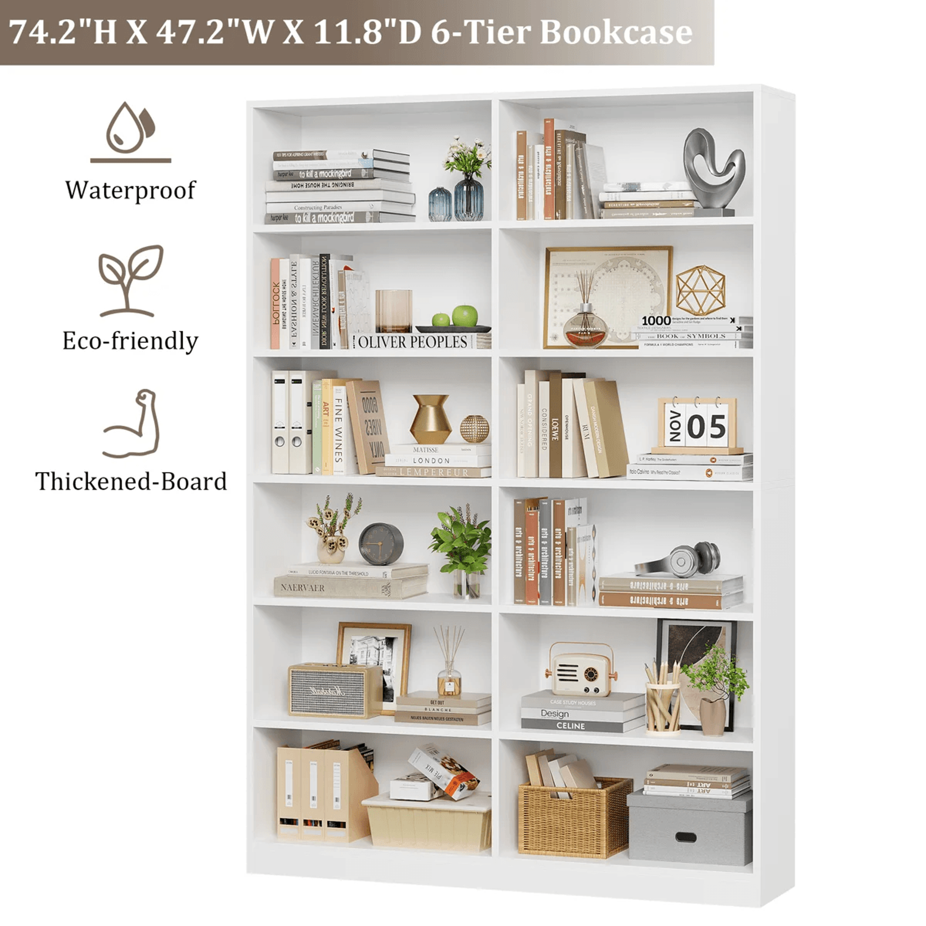 White Double Wide 6 Tier Wood Bookcase With Open Shelves And Scratch Resistant Finish 3