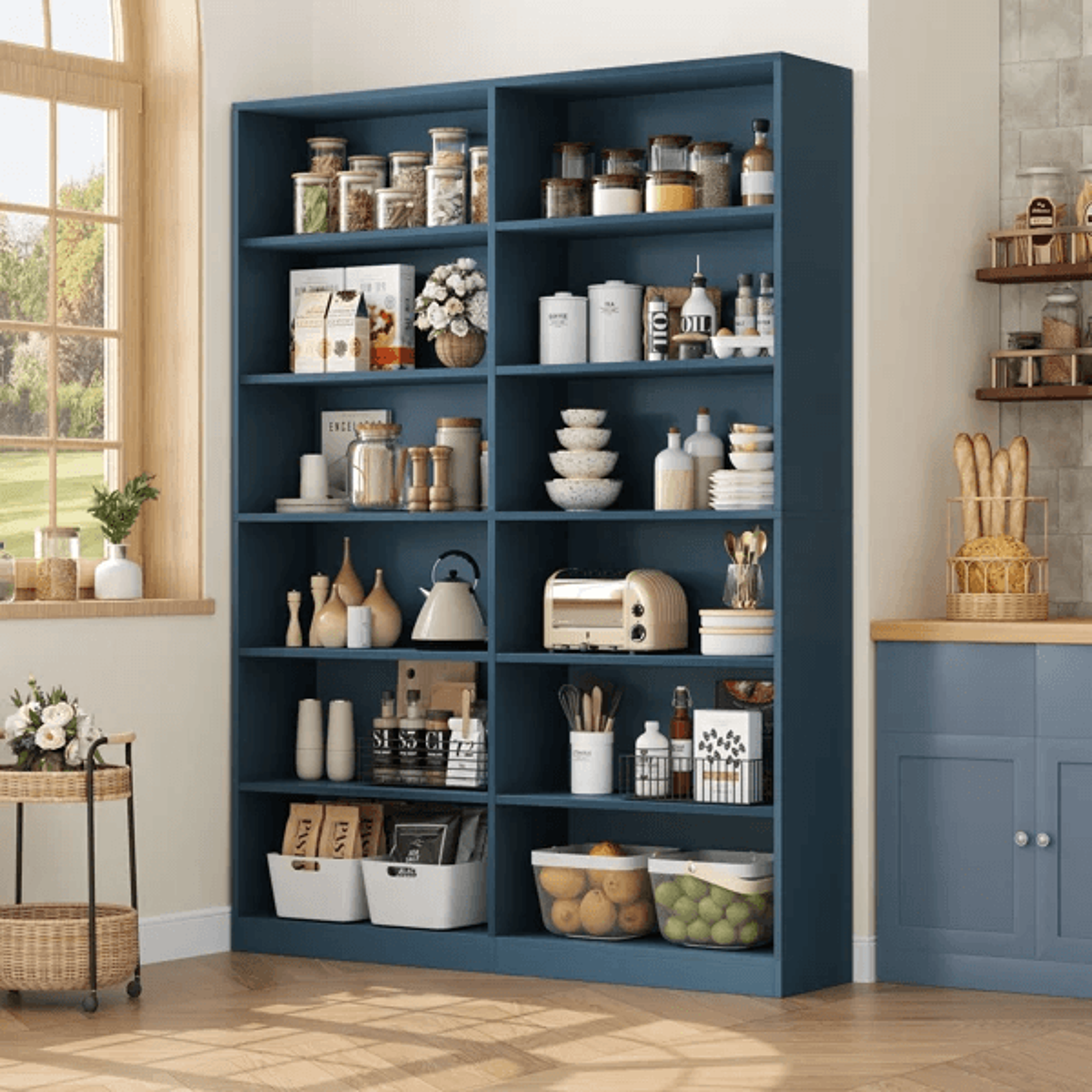 White Double Wide 6 Tier Wood Bookcase With Open Shelves And Scratch Resistant Finish 11