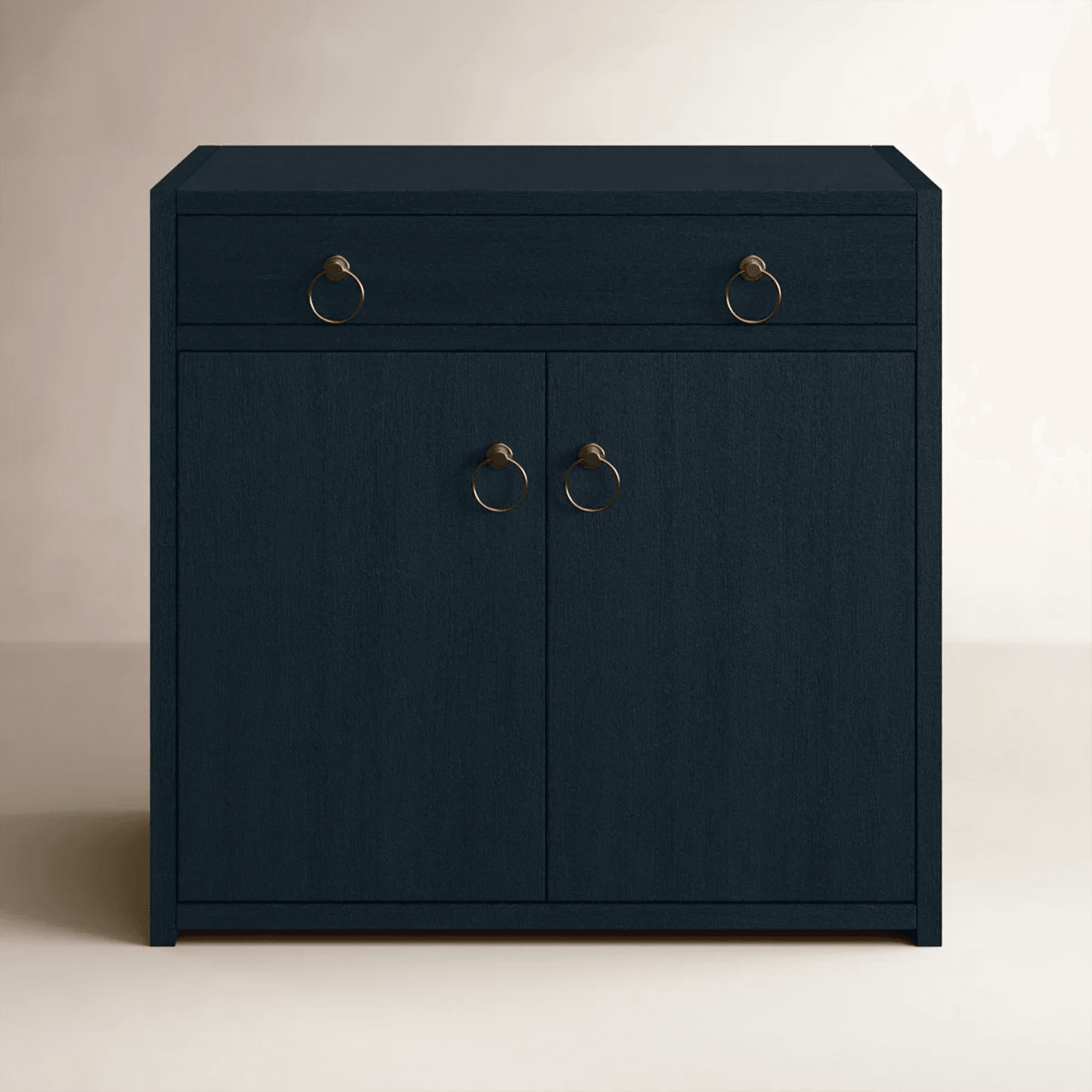 navy blue wooden accent cabinet with drawer and two-door storage
