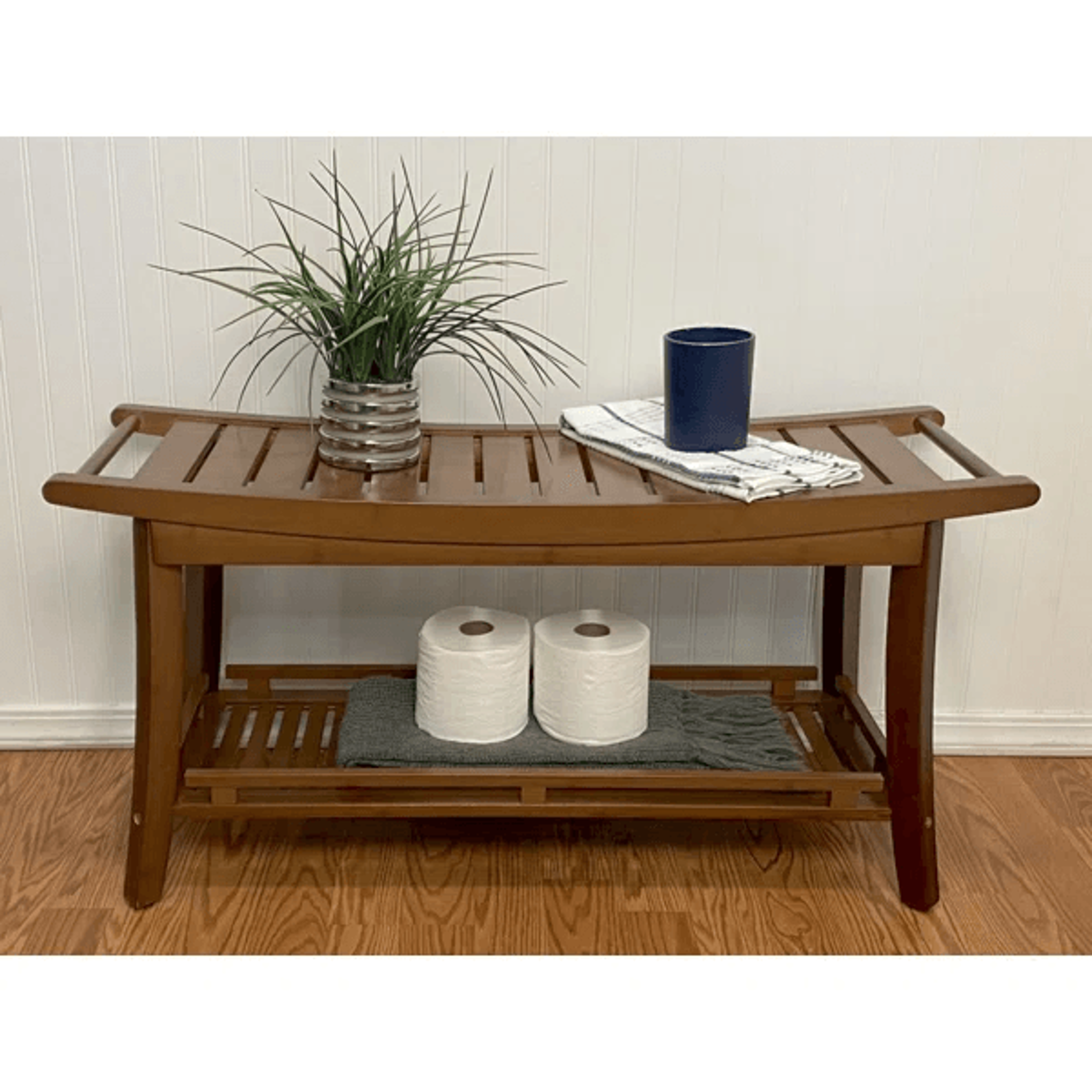 Solid Bamboo Spa Style Storage Bench With Slatted Shelf And Contoured Seat 9