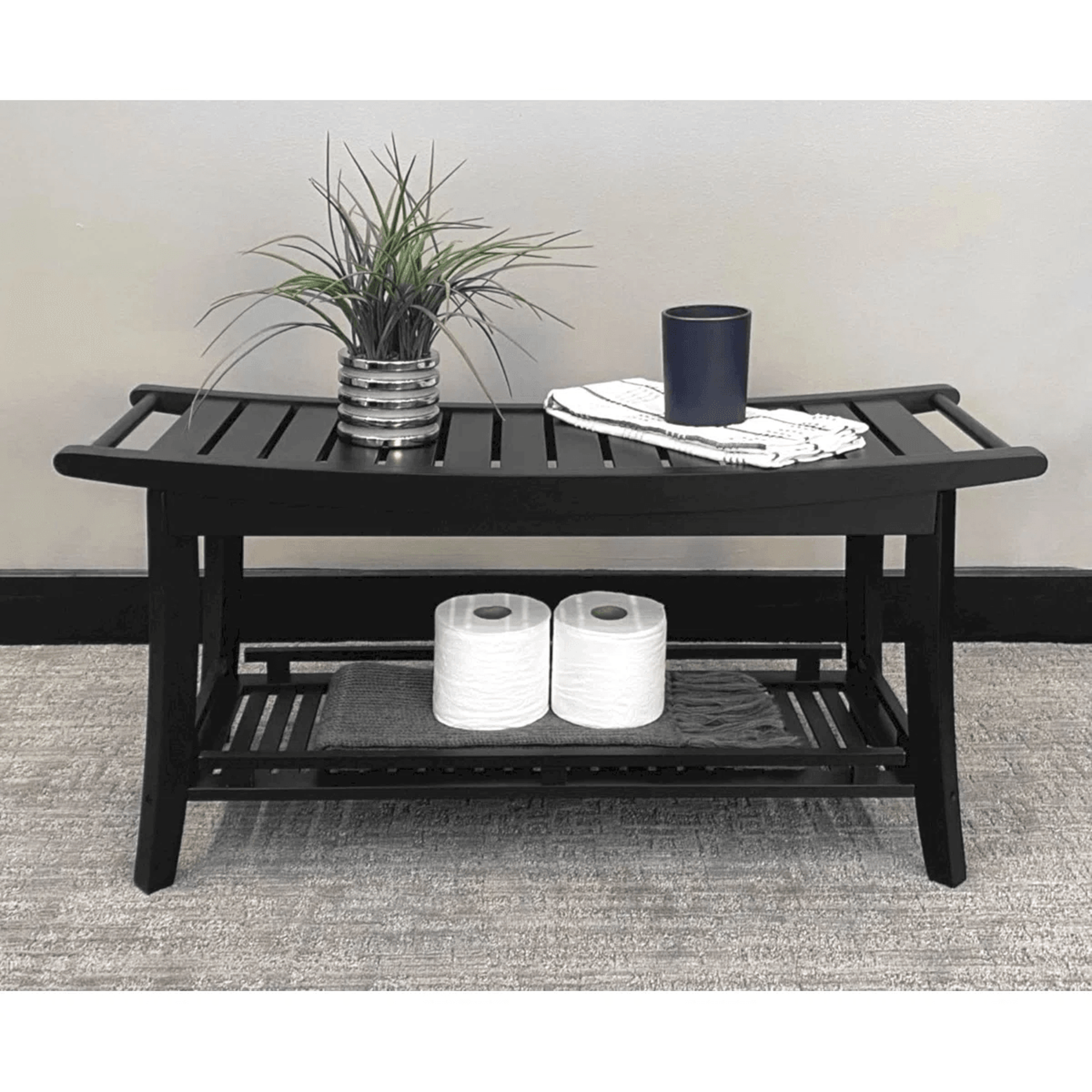 Solid Bamboo Spa Style Storage Bench With Slatted Shelf And Contoured Seat 3