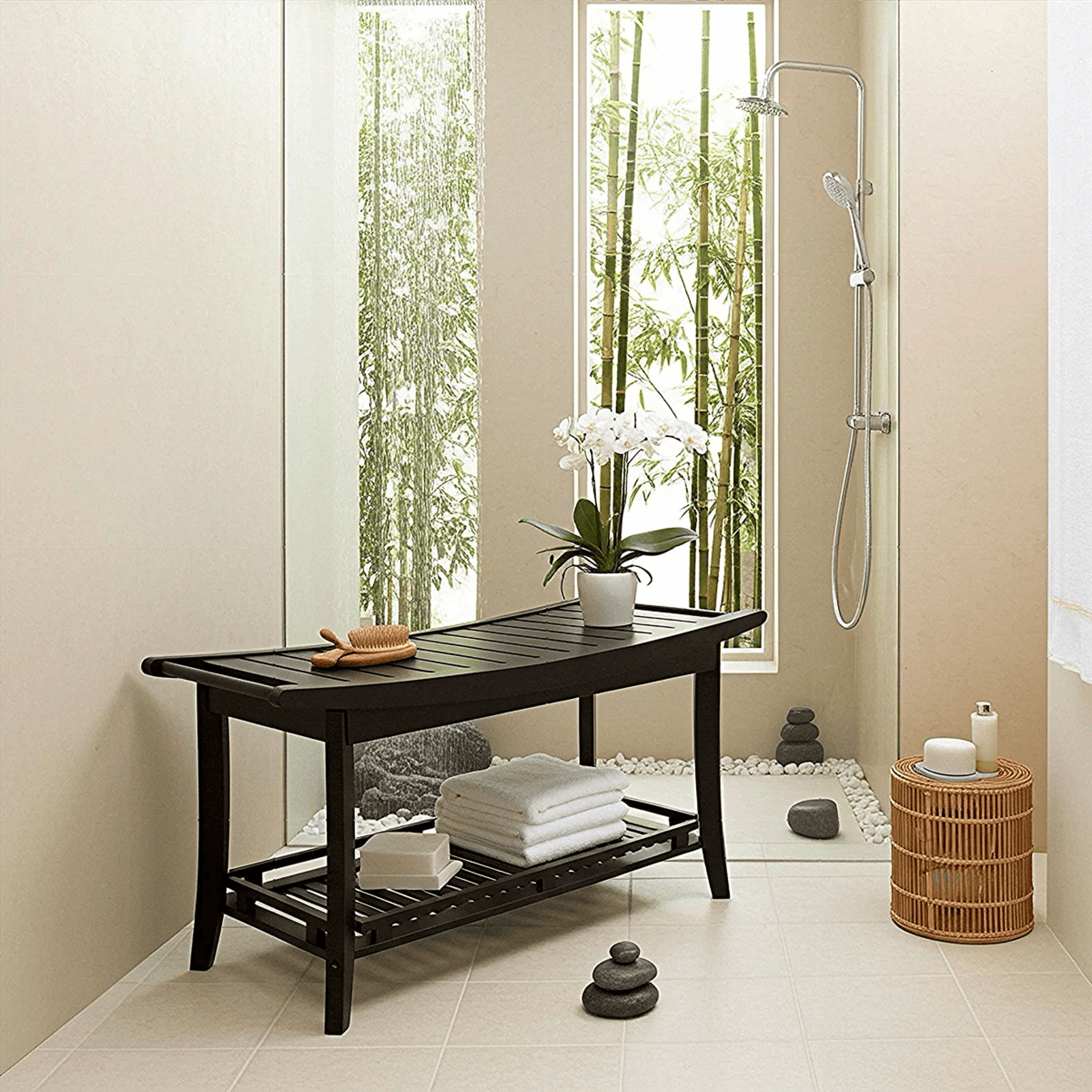 Solid Bamboo Spa Style Storage Bench With Slatted Shelf And Contoured Seat 6