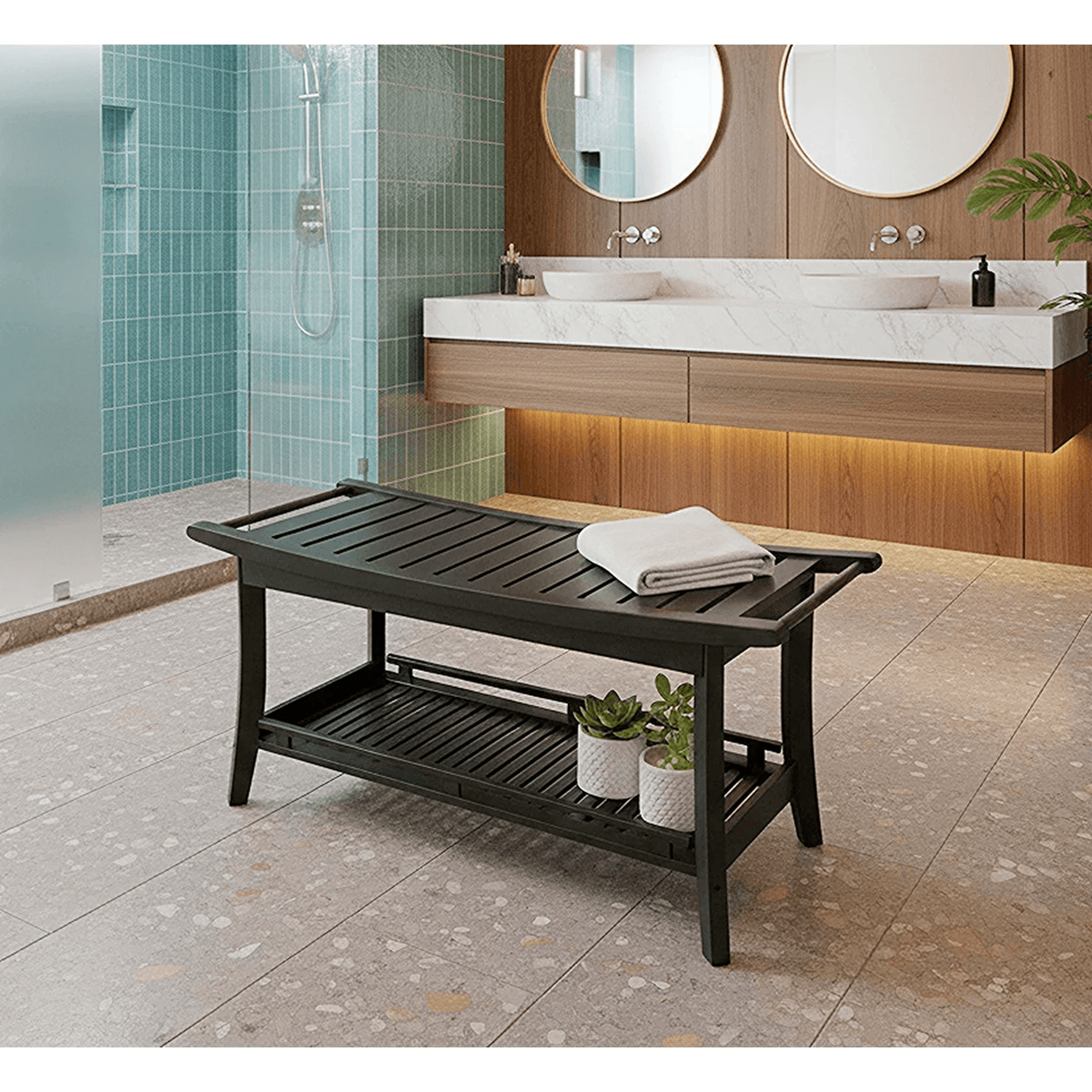 Solid Bamboo Spa Style Storage Bench With Slatted Shelf And Contoured Seat 5