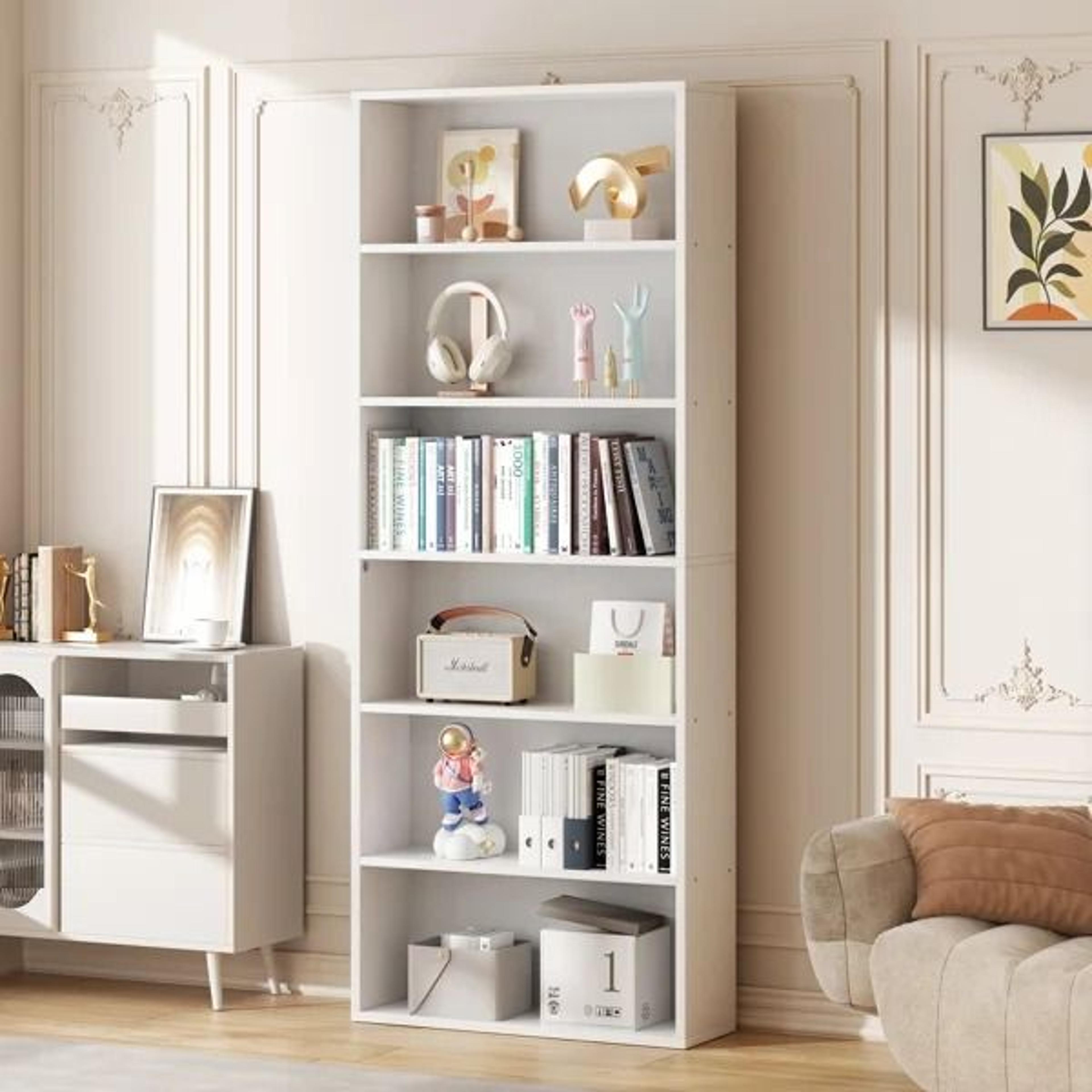 6 tier bookcase with open shelves and space saving design