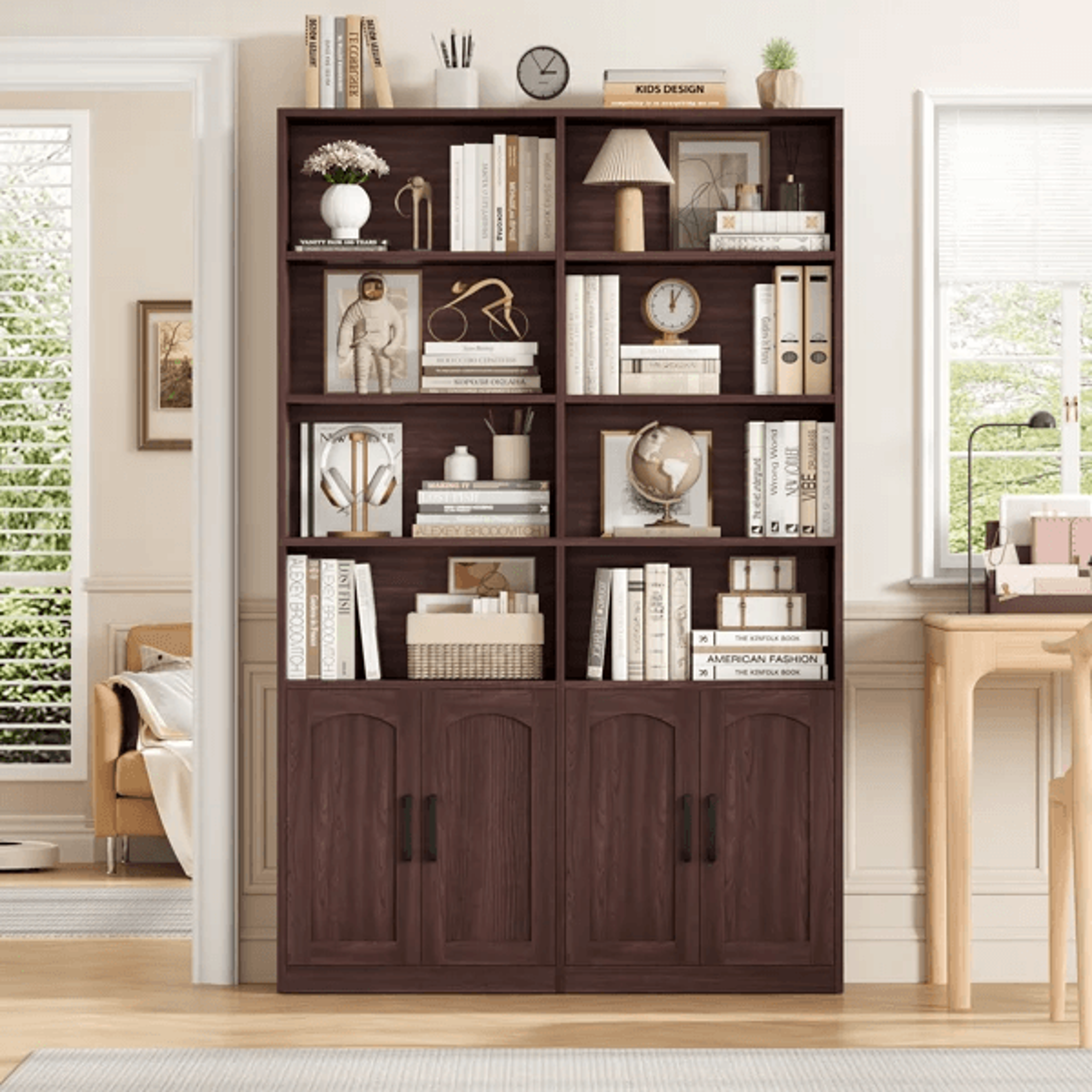 Modern Wood Storage Bookcase With 8 Open Shelves And 4 Doors 15