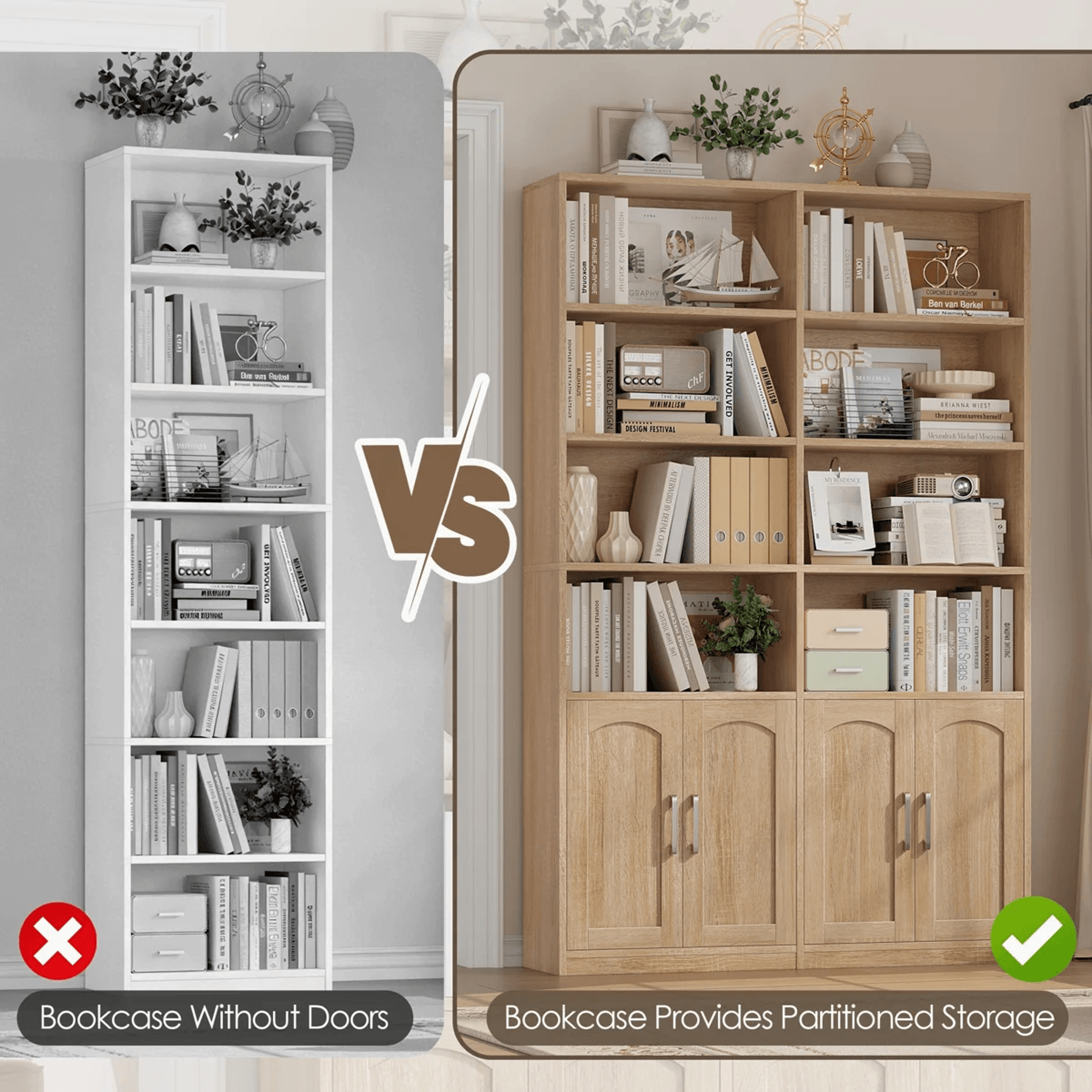 Modern Wood Storage Bookcase With 8 Open Shelves And 4 Doors 5