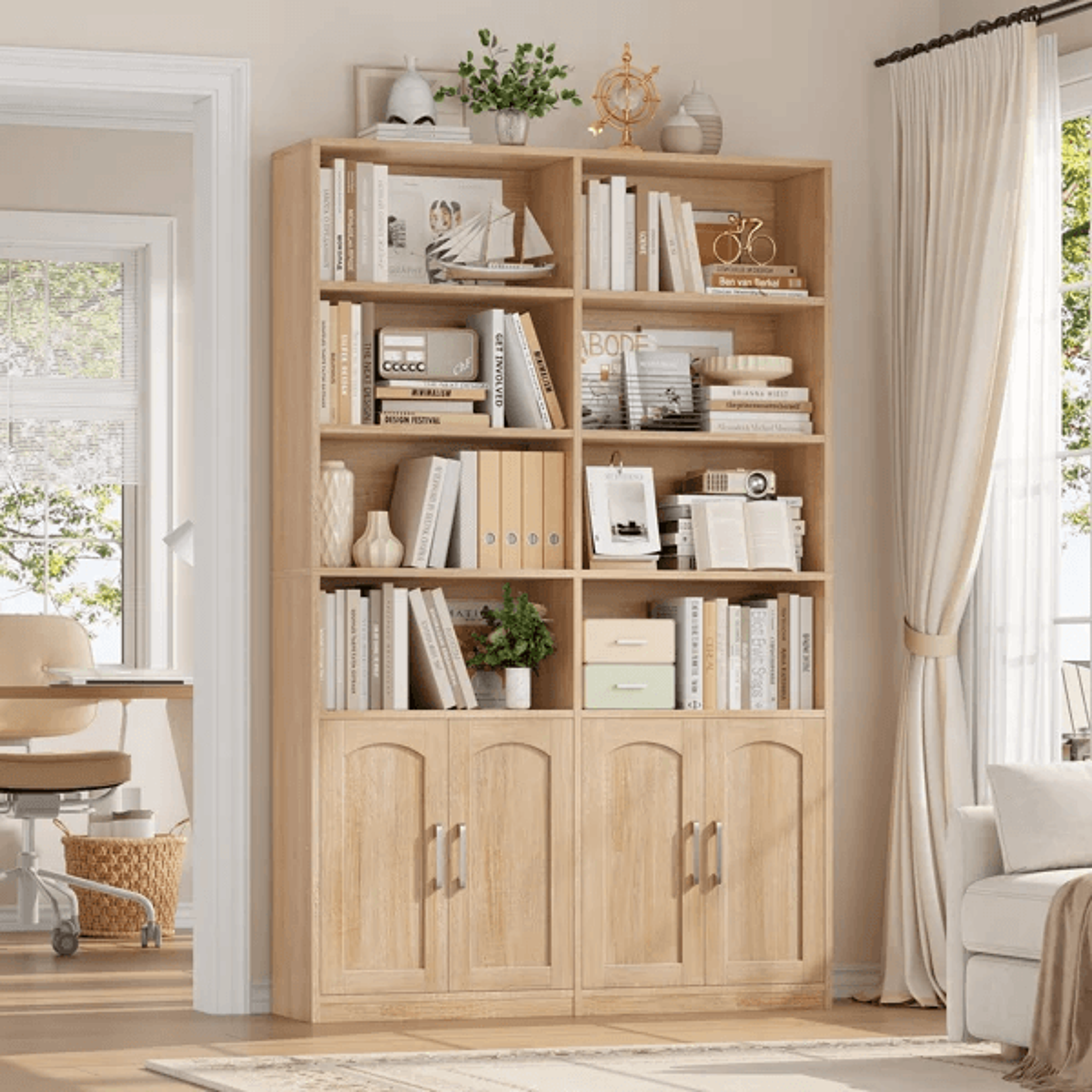 Modern Wood Storage Bookcase With 8 Open Shelves And 4 Doors 17