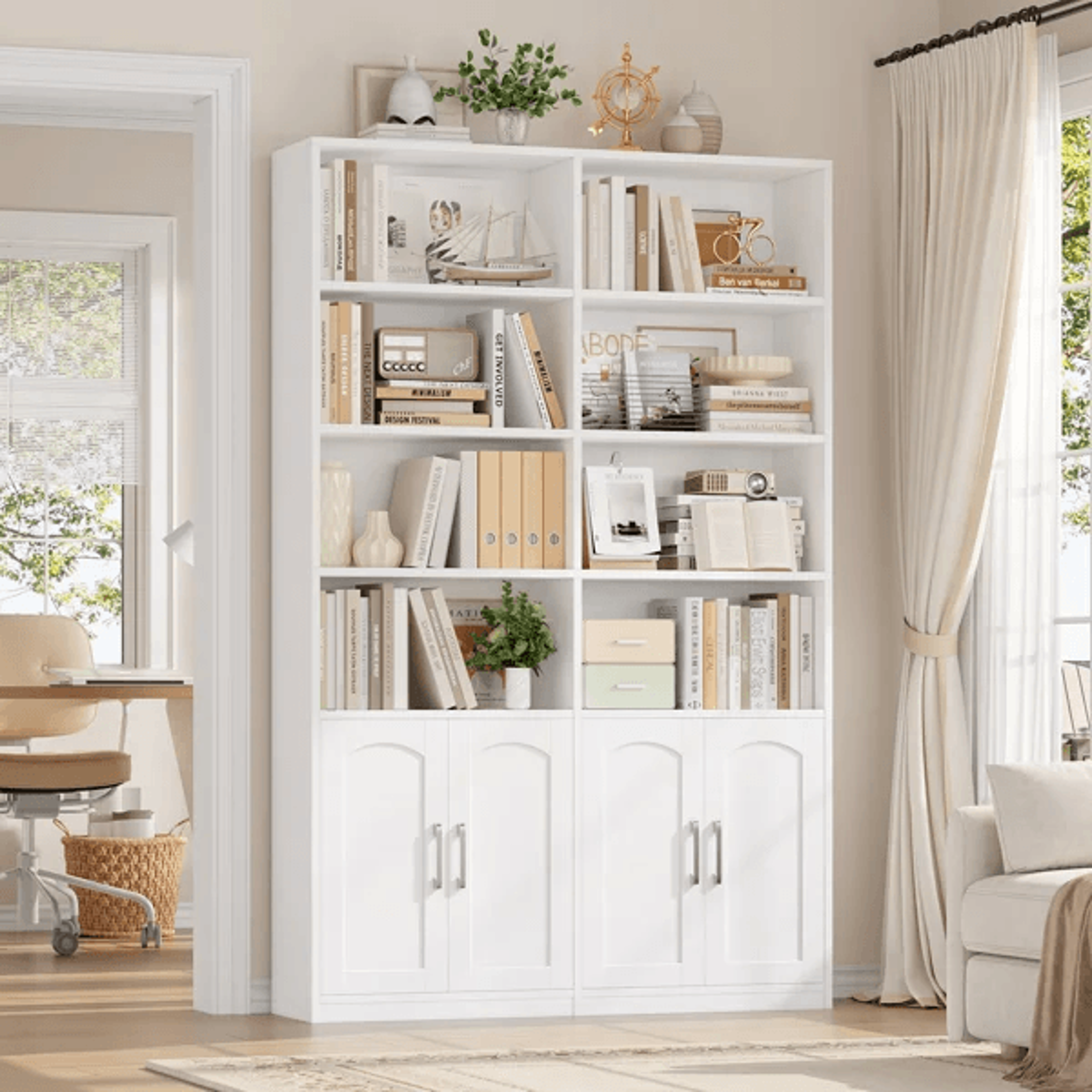 modern wood storage bookcase with 8 open shelves and 4 doors