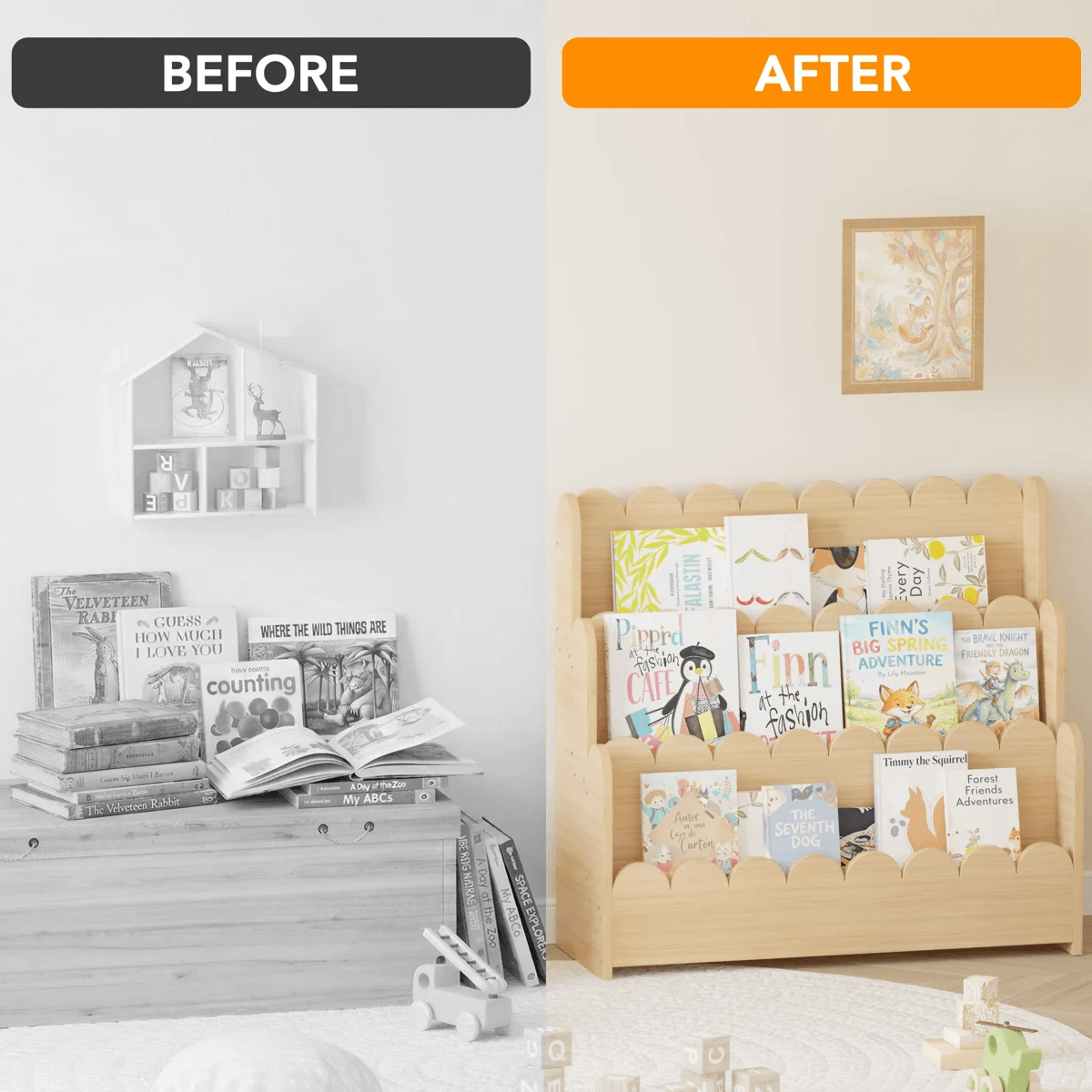 Scalloped Wooden Kids Bookshelf Montessori Toddler Bookcase Organizer 1