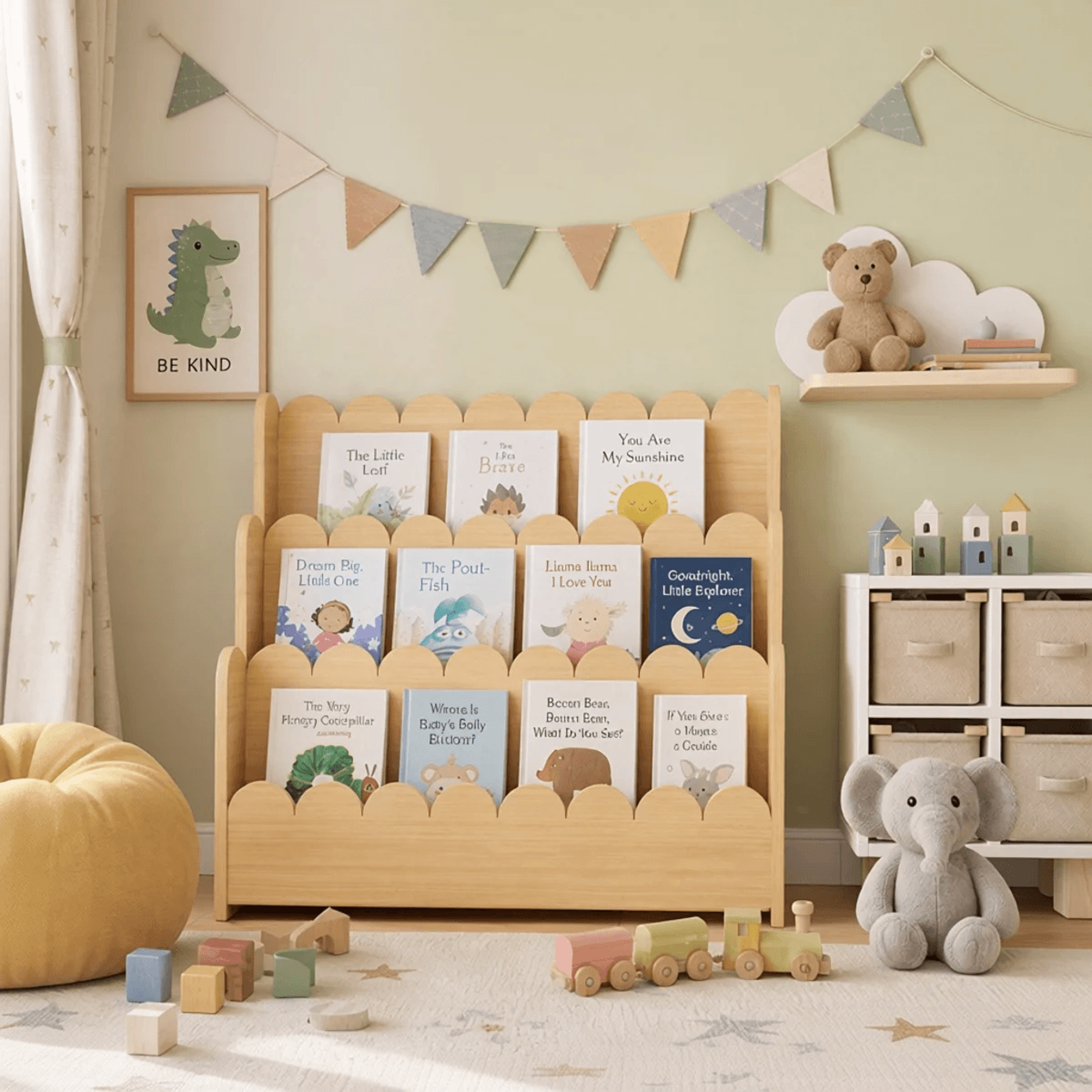 Scalloped Wooden Kids Bookshelf Montessori Toddler Bookcase Organizer 4
