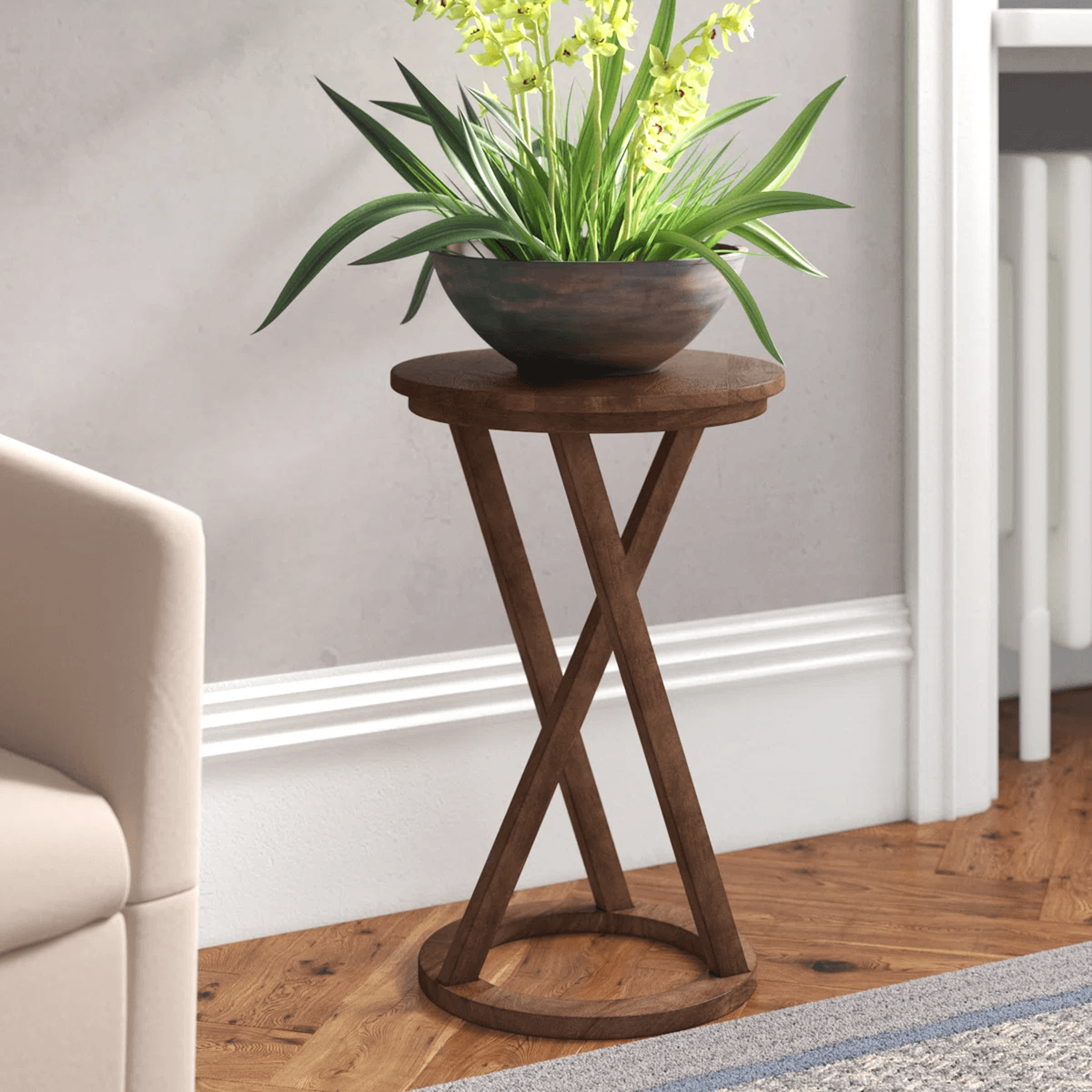 solid wood round plant stand table with walnut brown finish