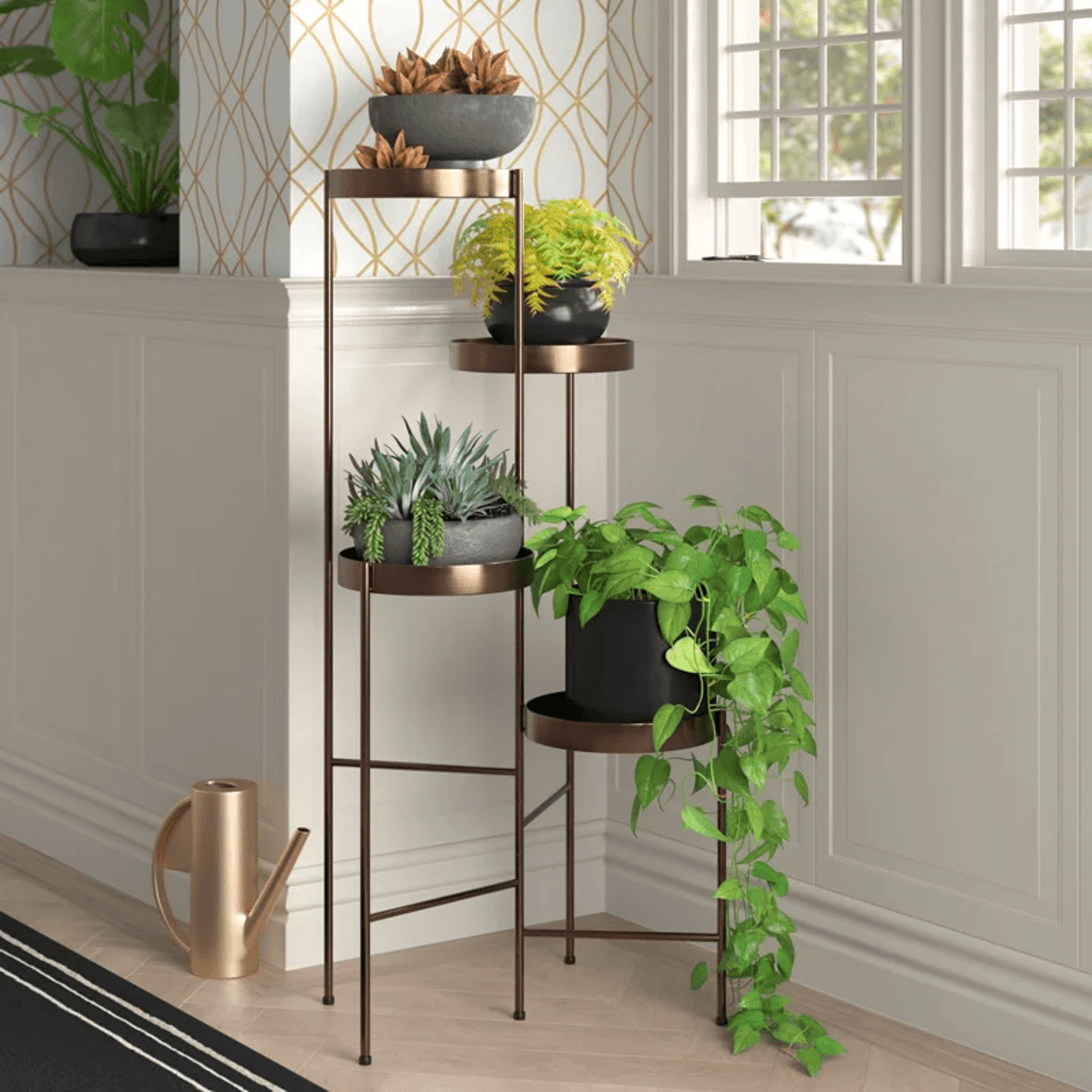 4 tier metal plant stand with round shelves bronze indoor and outdoor plant display