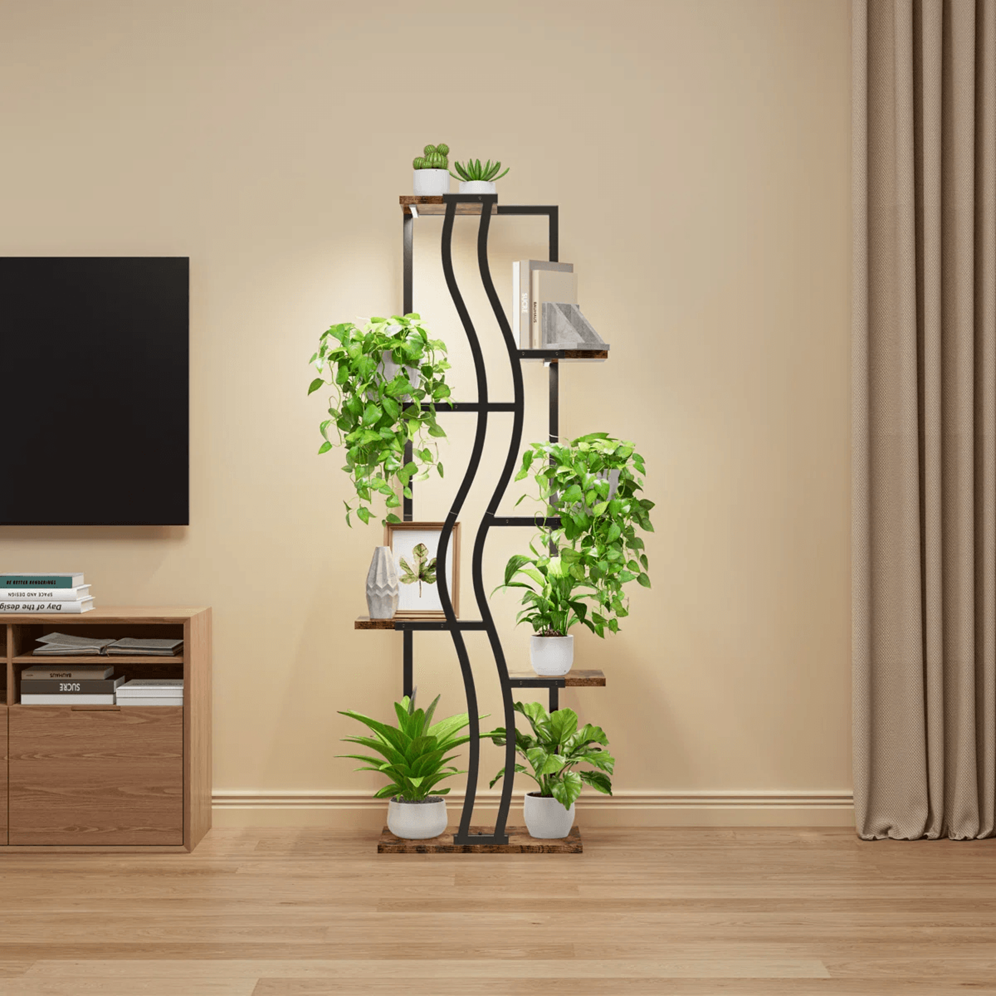 7 Tier Indoor Plant Stand With 4 Grow Lights And Wave Shaped Metal Frame 11