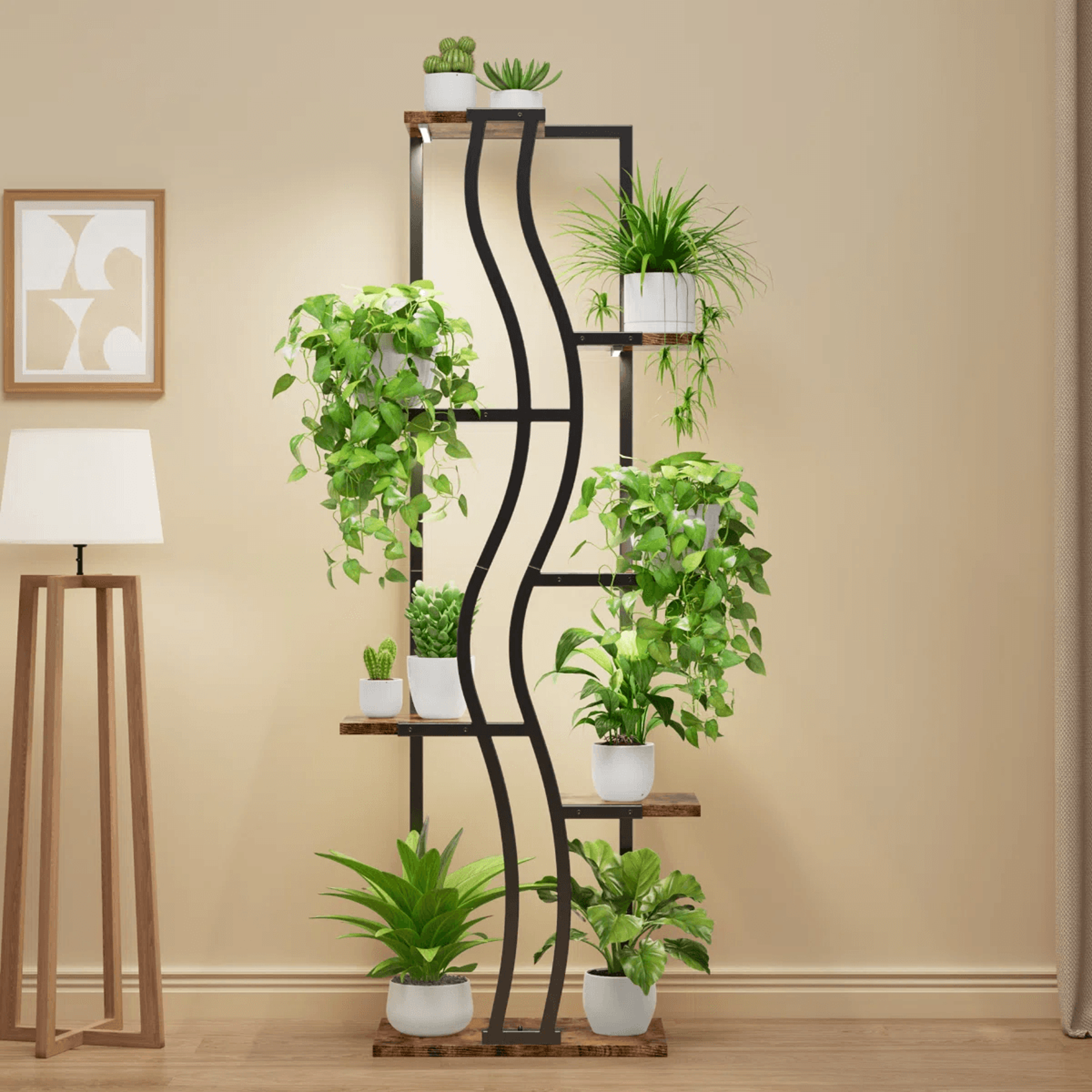 7 tier indoor plant stand with 4 grow lights and wave shaped metal frame