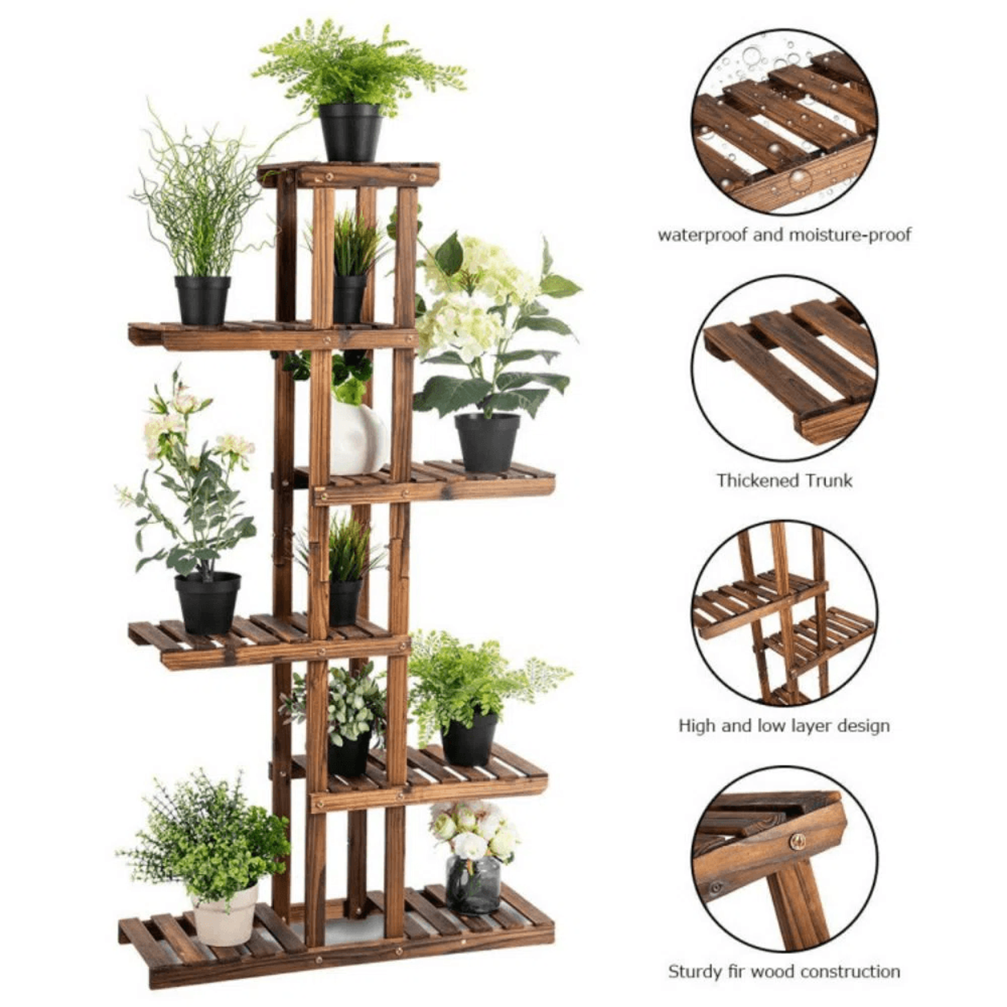 6 Tier Wooden Plant Stand With Multi Level Shelves For Indoor And Outdoor Use 1