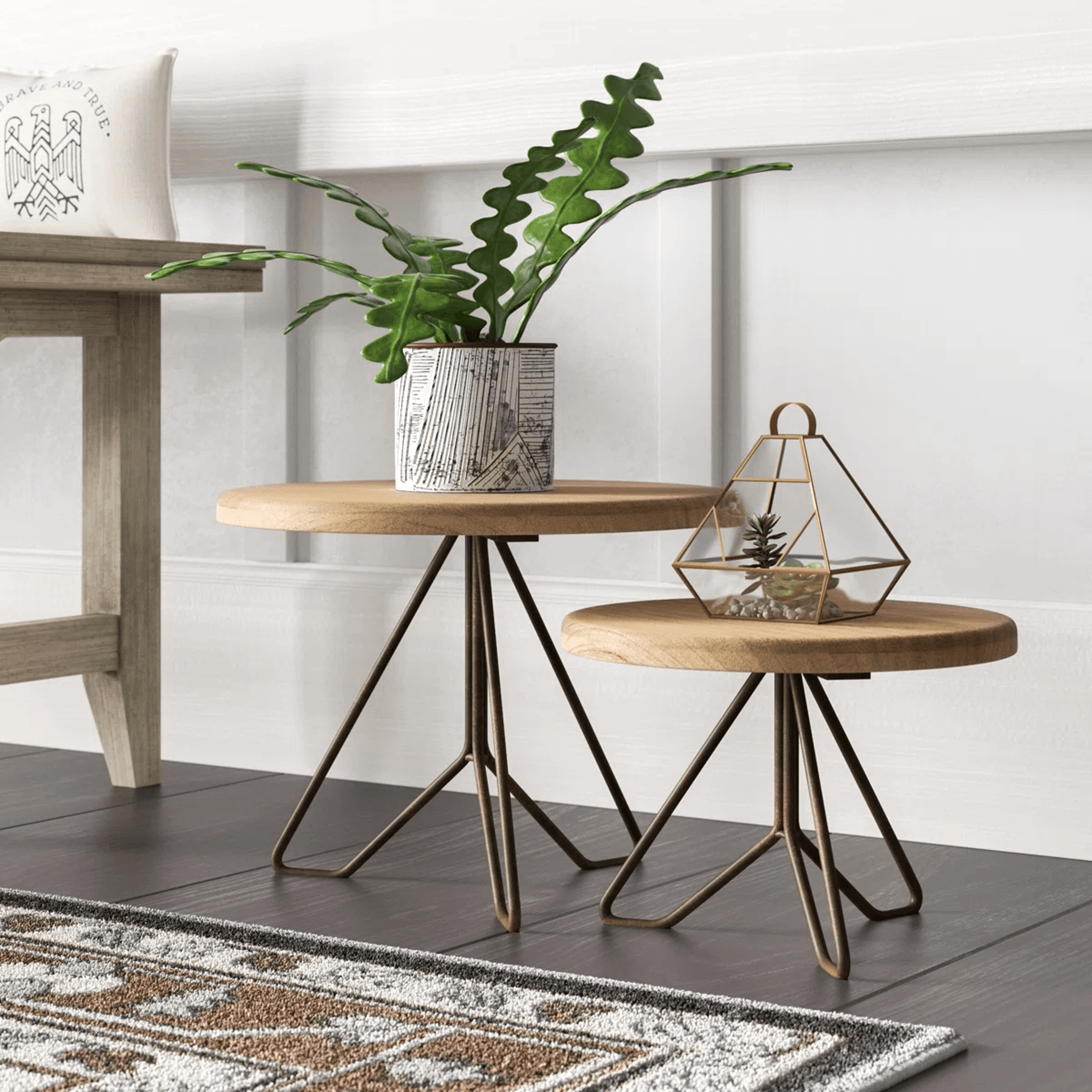 mid century modern plant stand set of 2 with solid wood tops and iron bases