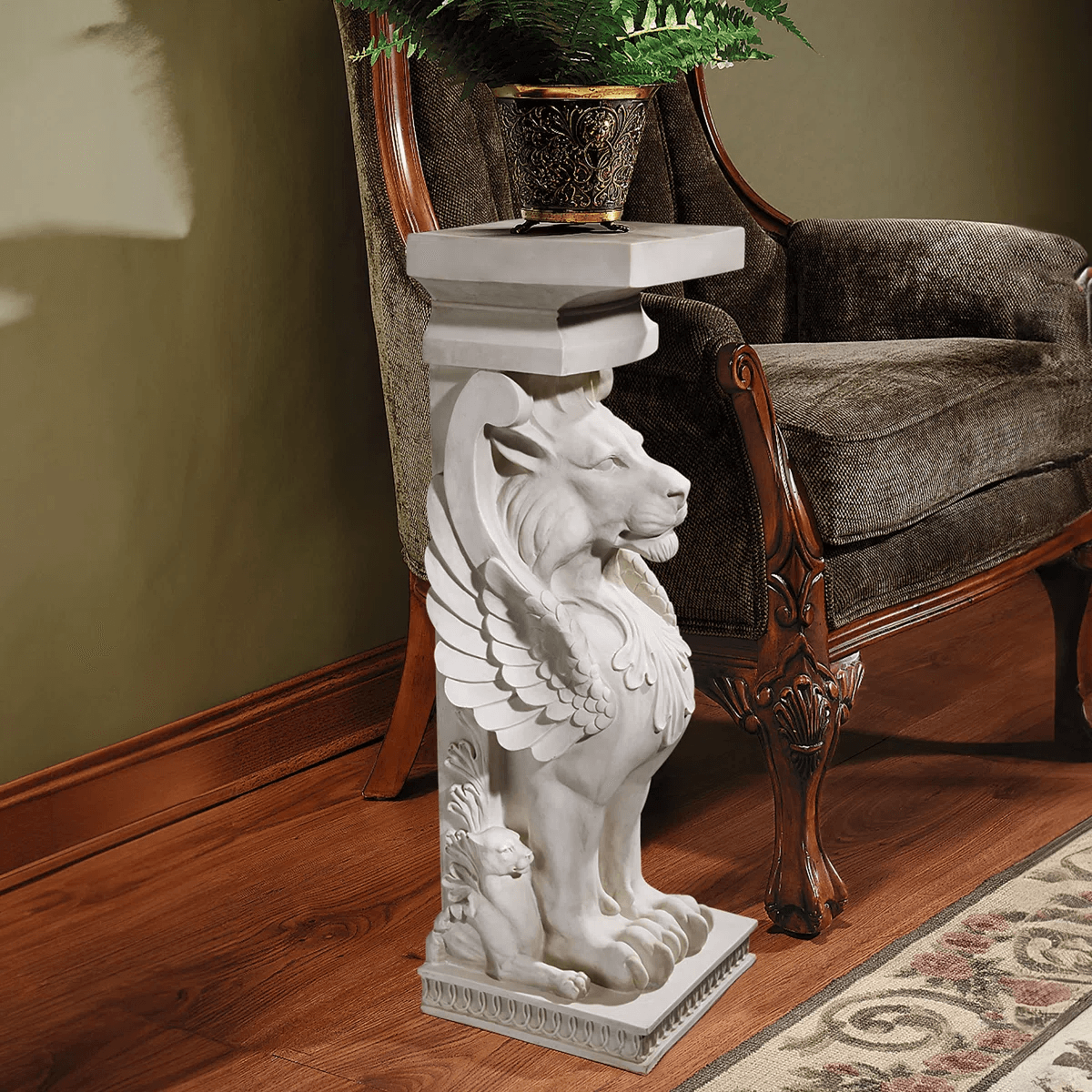 Winged Lion Pedestal Plant Stand With Antique Stone Finish 1