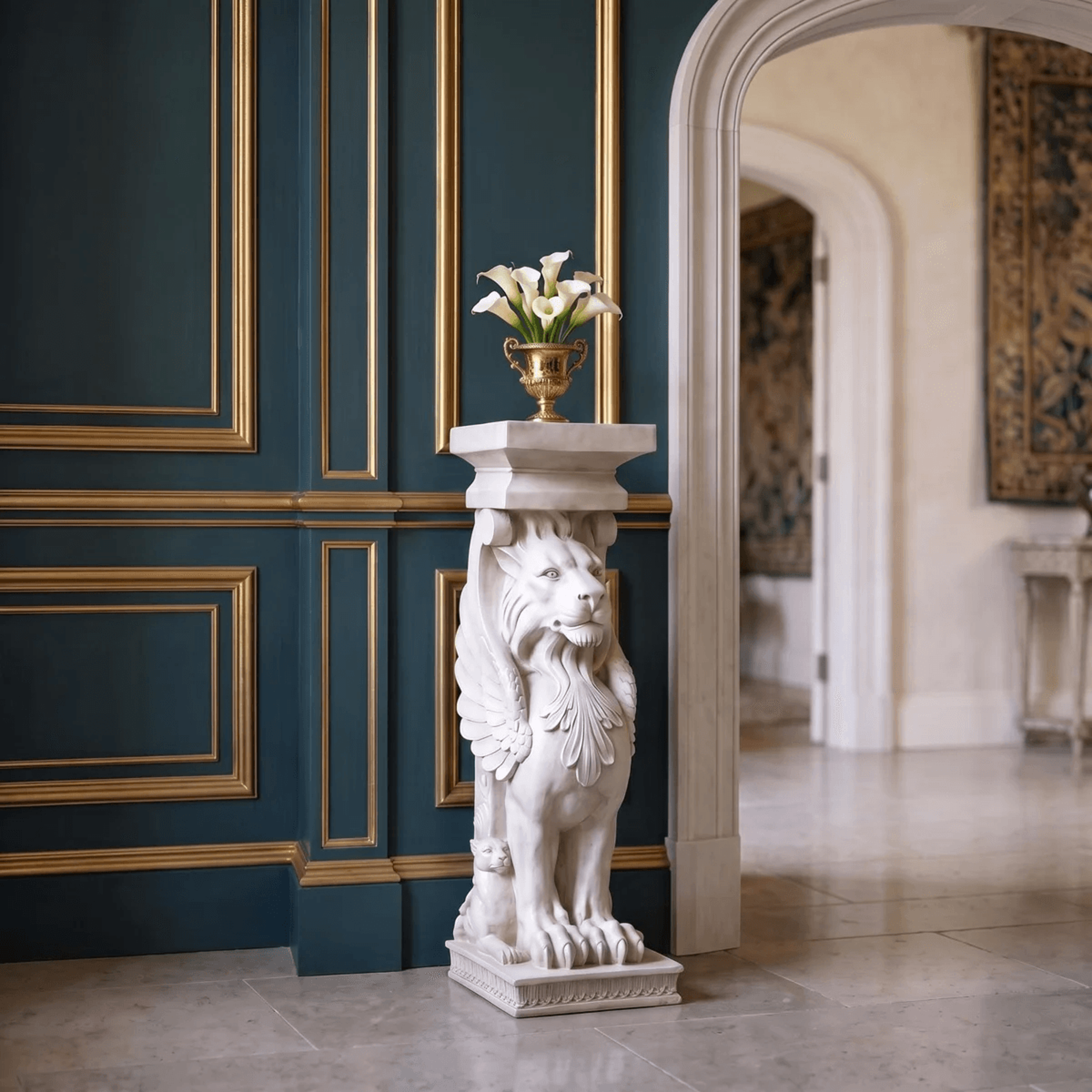 winged lion pedestal plant stand with antique stone finish