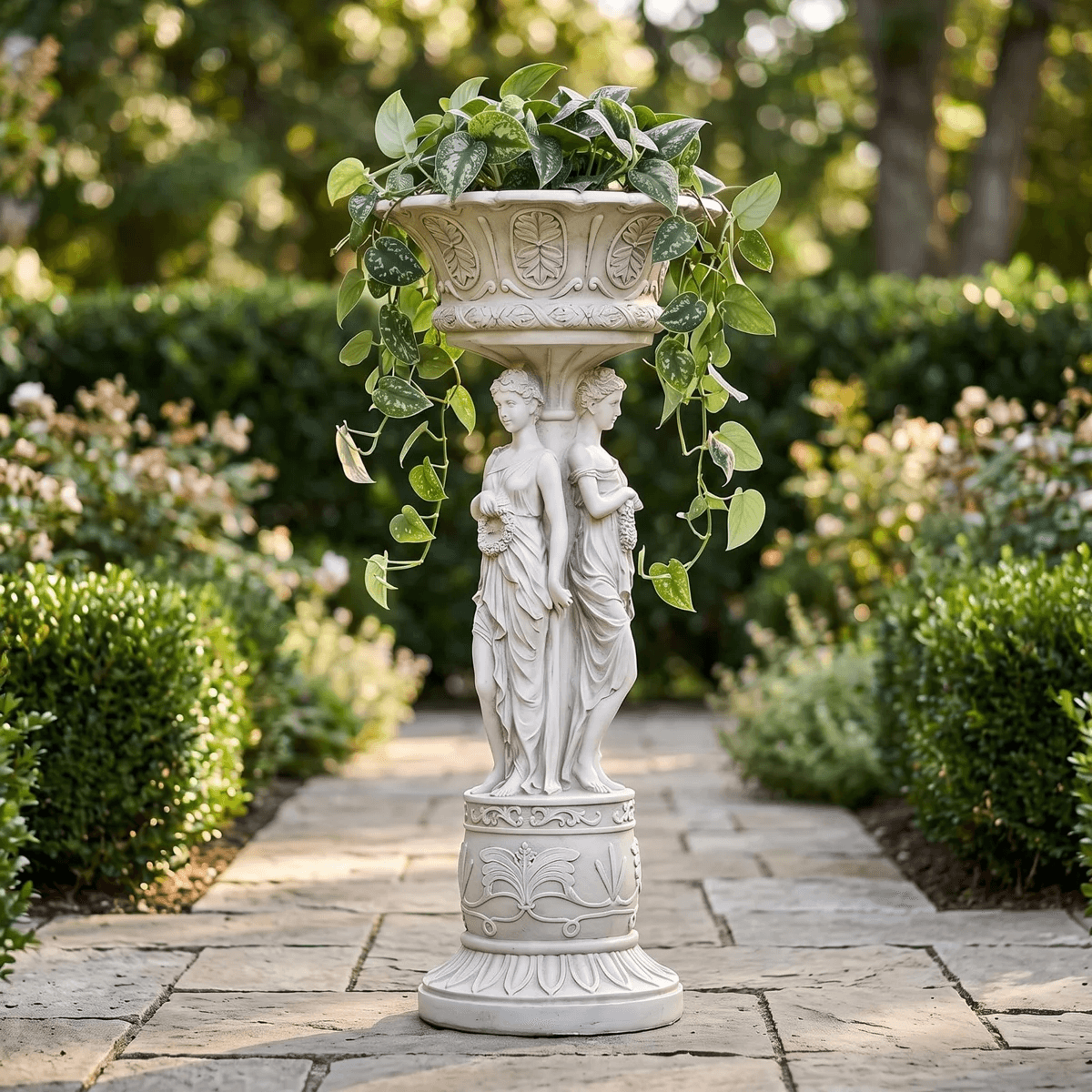 neoclassical urn pedestal plant stand with dancing maidens sculpture