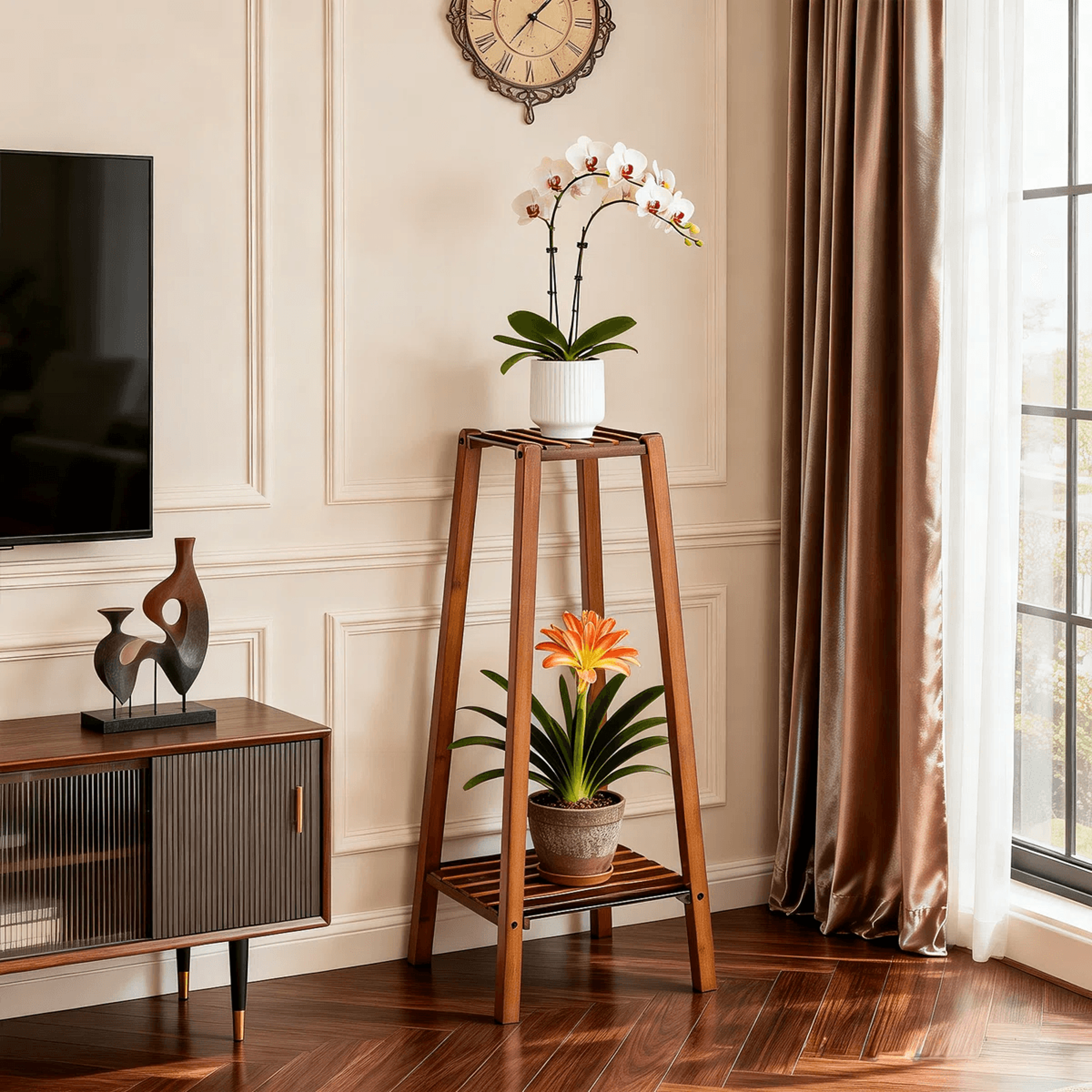 2 Tier Bamboo Plant Stand With Wooden Shelves For Indoor And Balcony Display 8