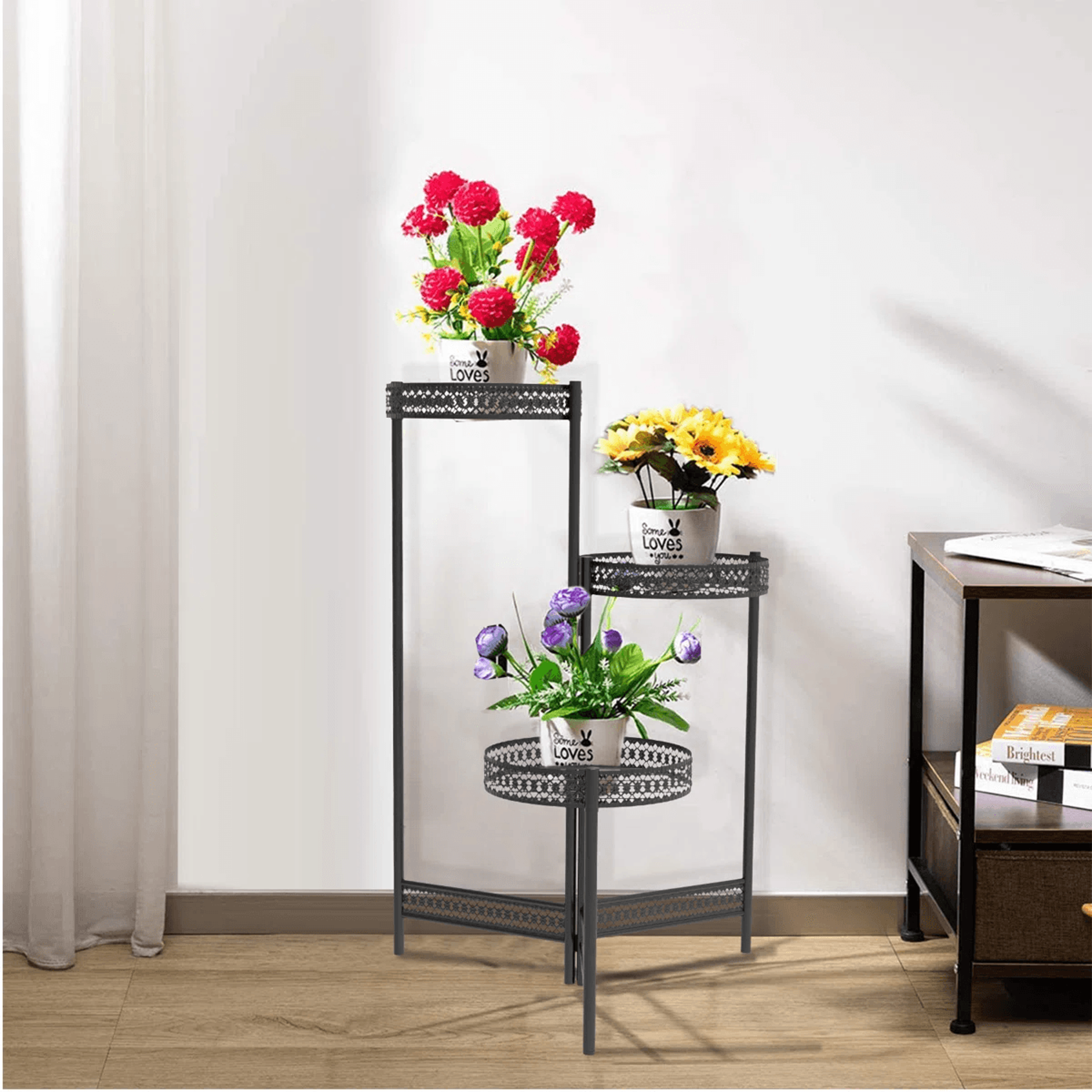 3 Tier Solid Wood Plant Stand With Round Shelves For Indoor And Outdoor Display 7