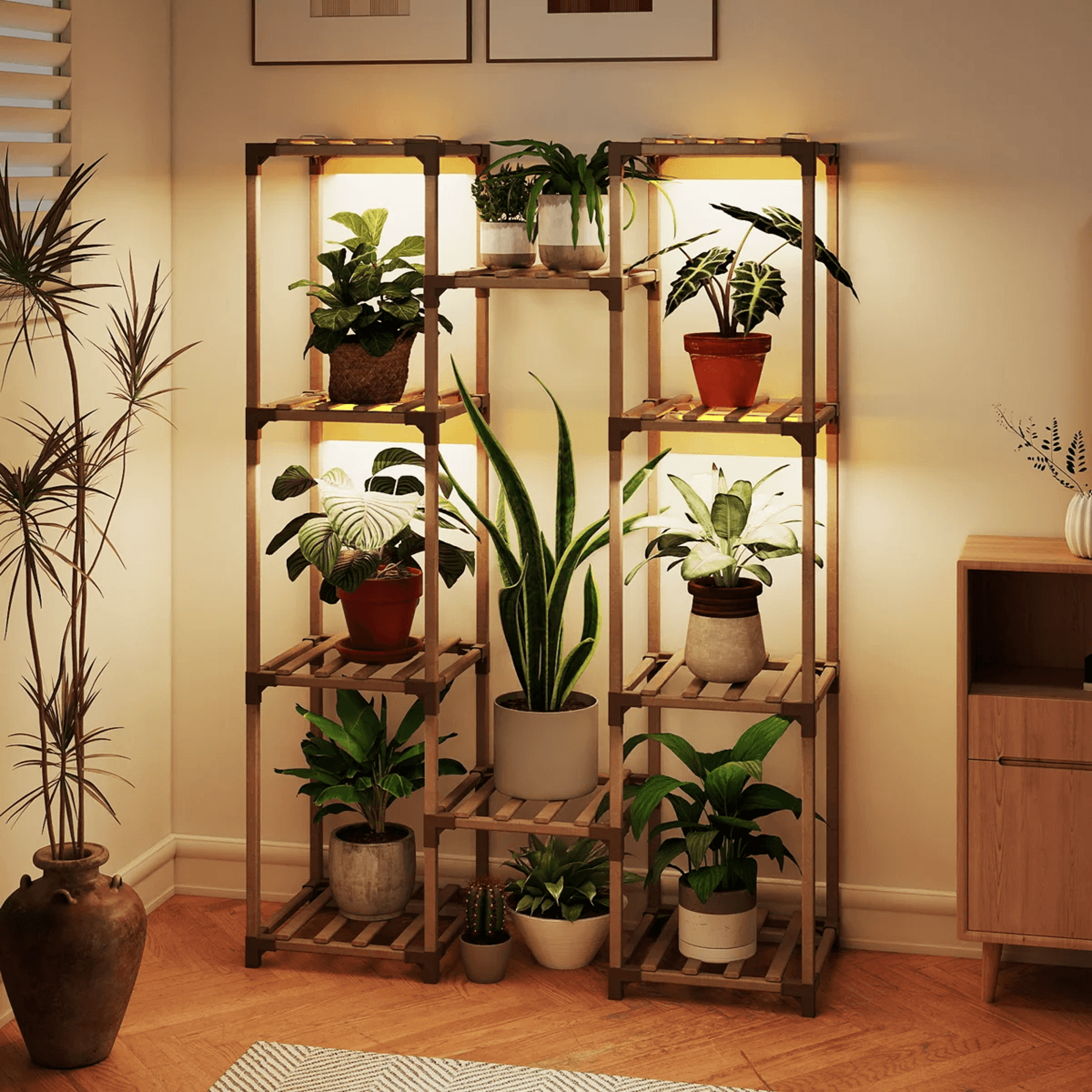 10 tier eucalyptus wood plant stand with grow light for indoor and outdoor use