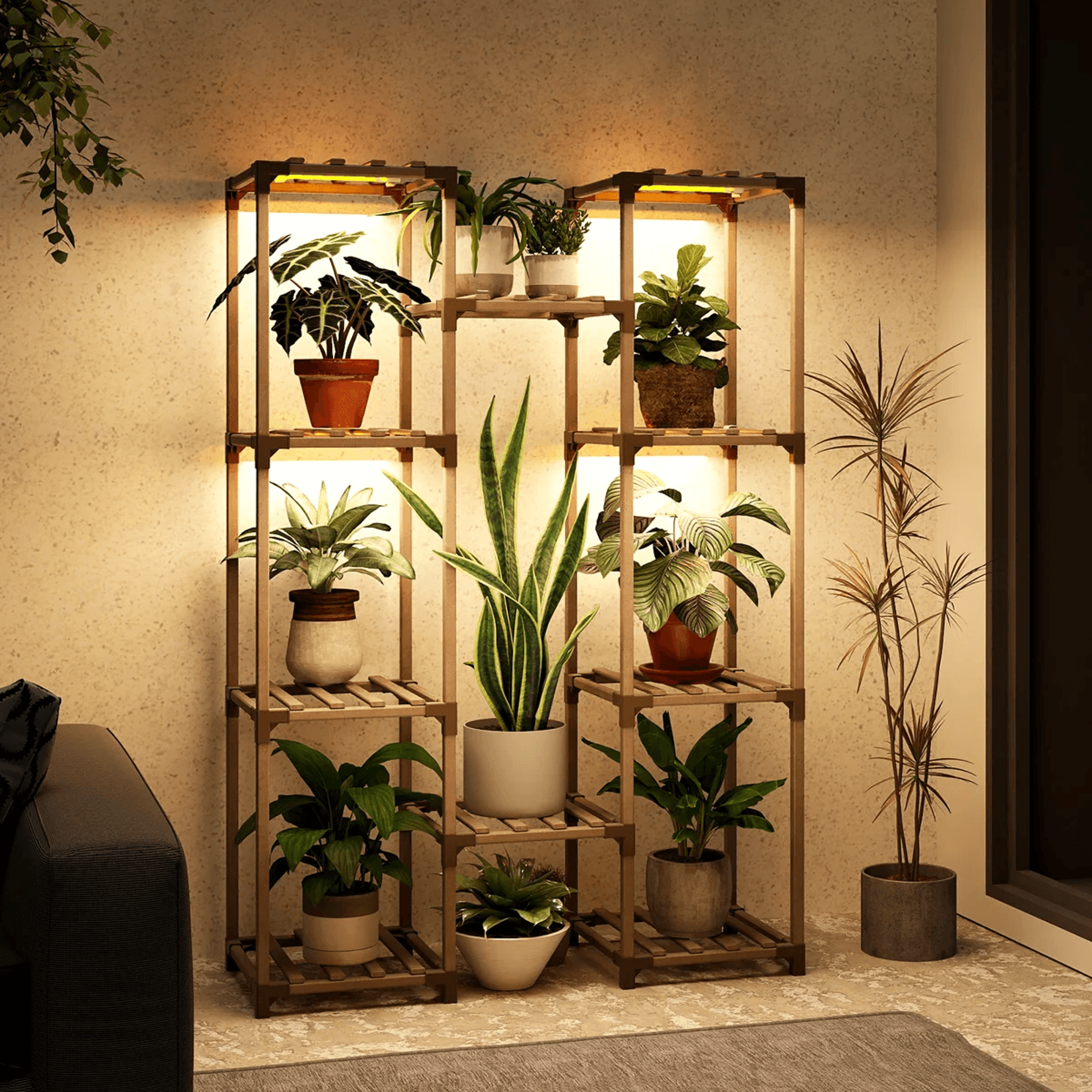 10 Tier Eucalyptus Wood Plant Stand With Grow Light For Indoor And Outdoor Use 2