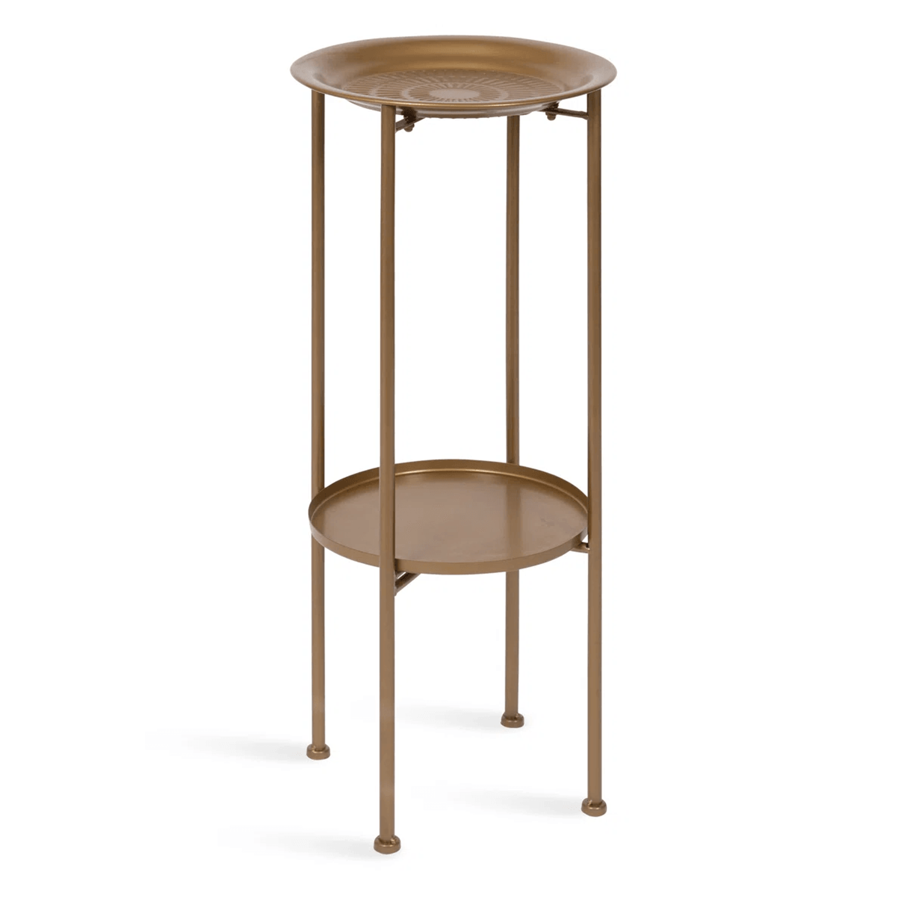 2 tier gold metal plant stand with moroccan inspired round shelves