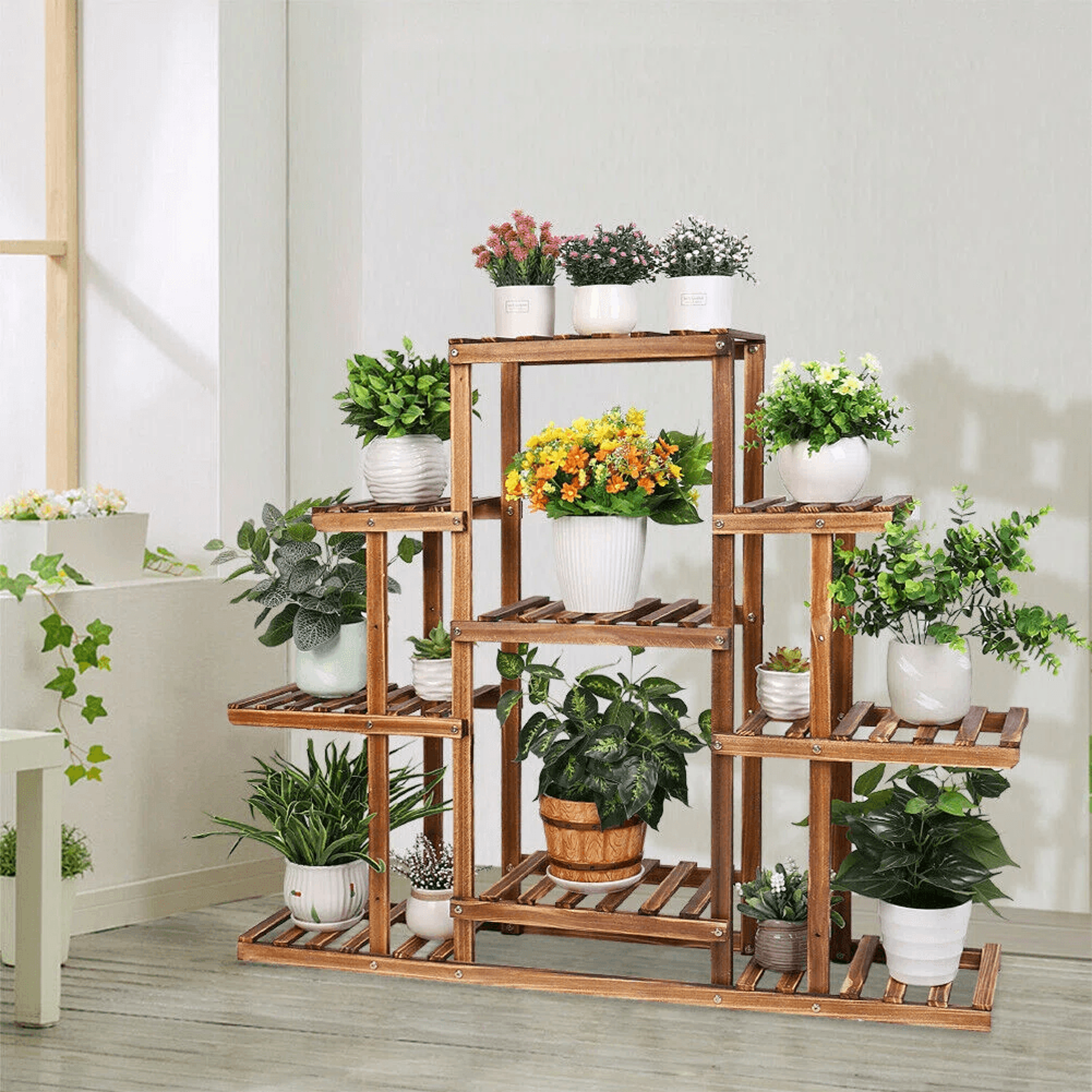 6 tier pine wood plant stand with 13 pot capacity
