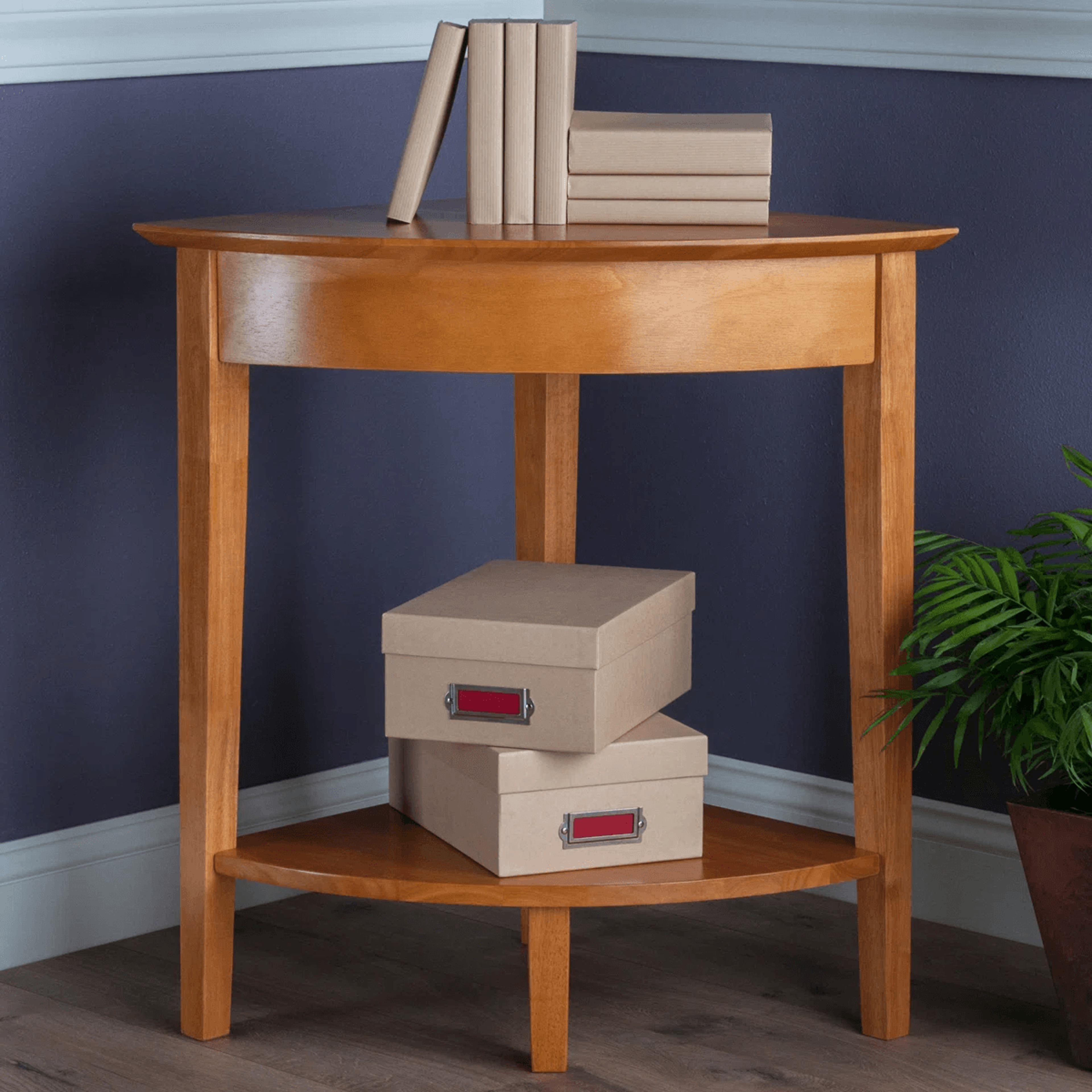 2 tier solid wood plant stand with lower shelf in honey finish
