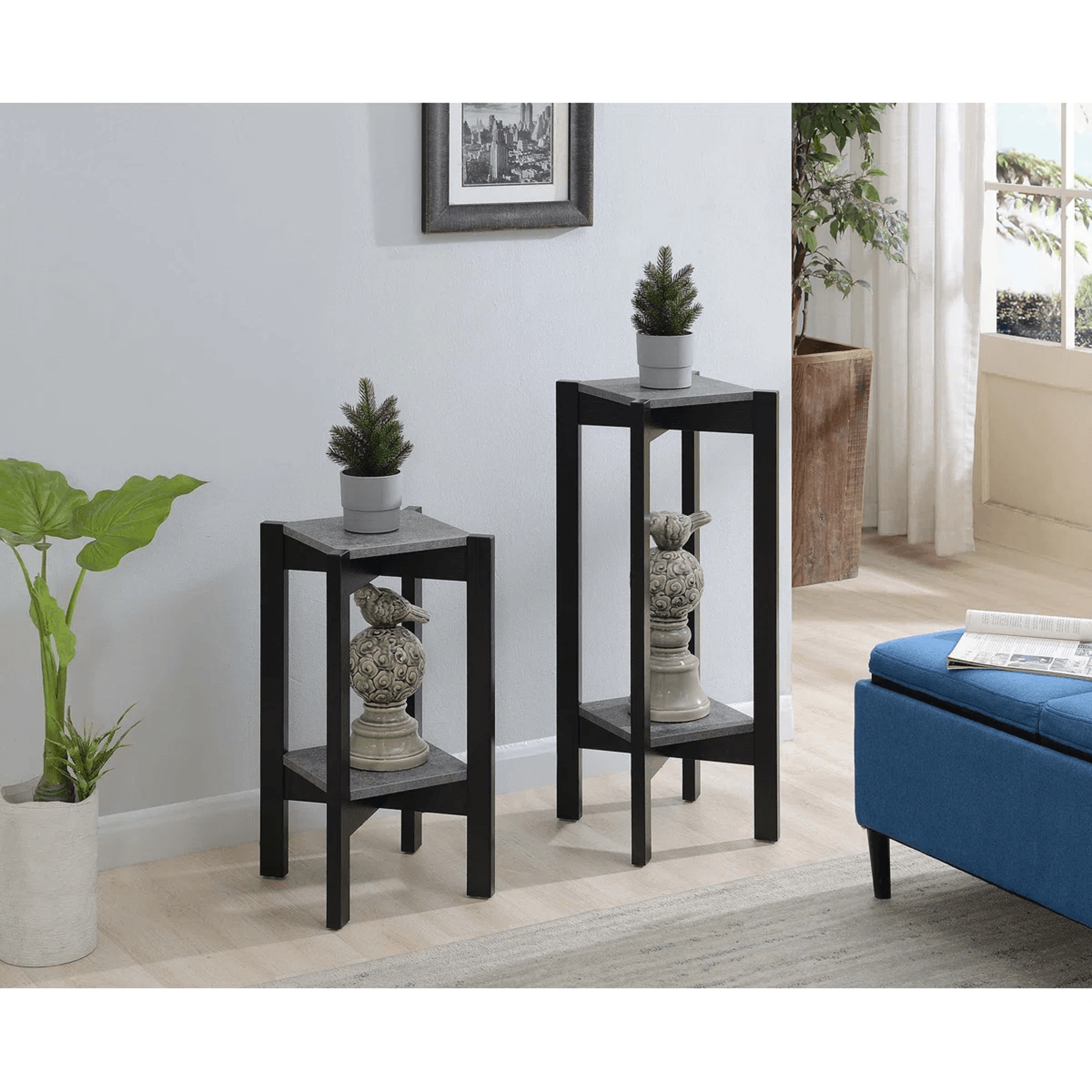 2 Tier Plant Stand With Faux Cement Finish And Square Shelves 5