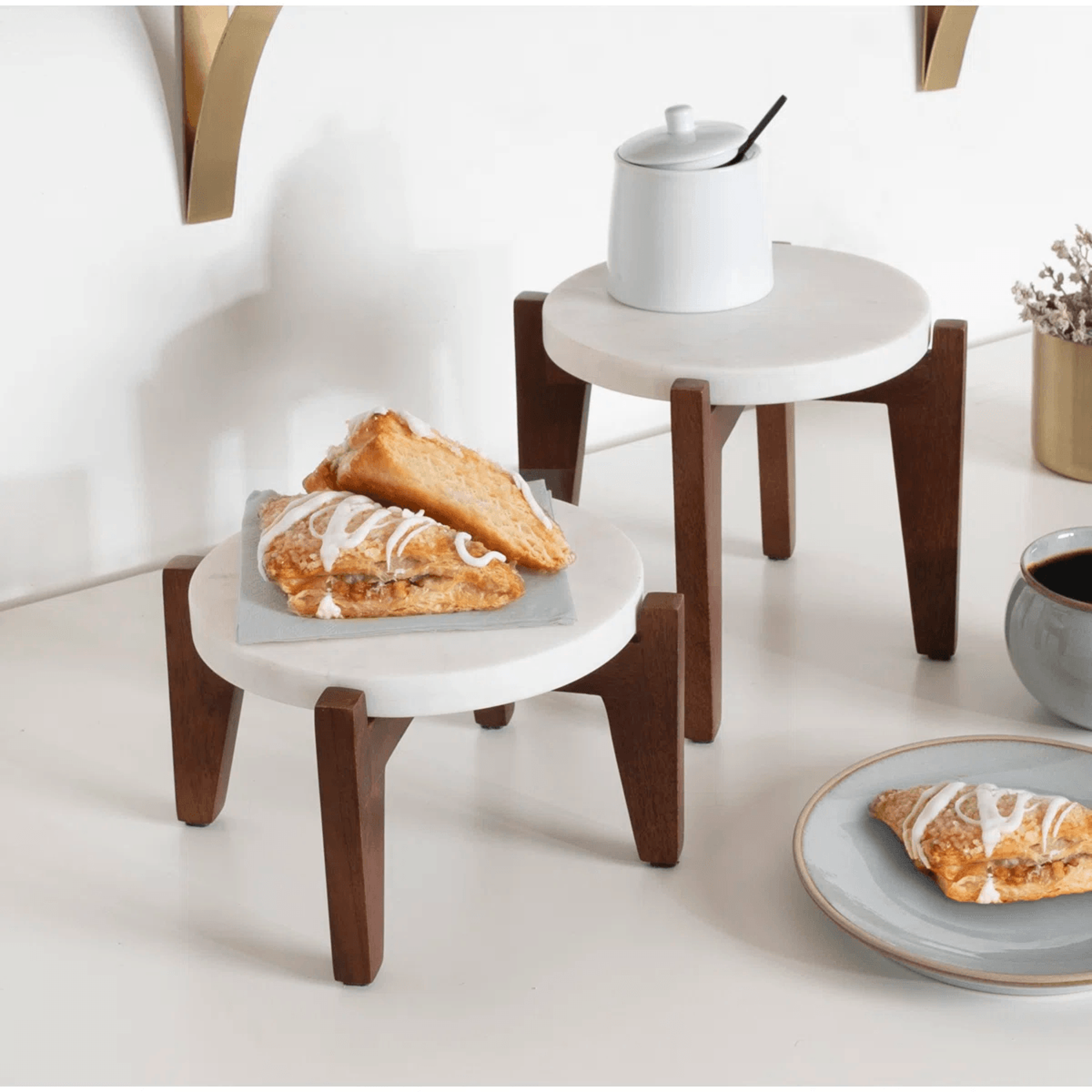 Round Marble Plant Stand Set Of 2 With Mango Wood Bases 11