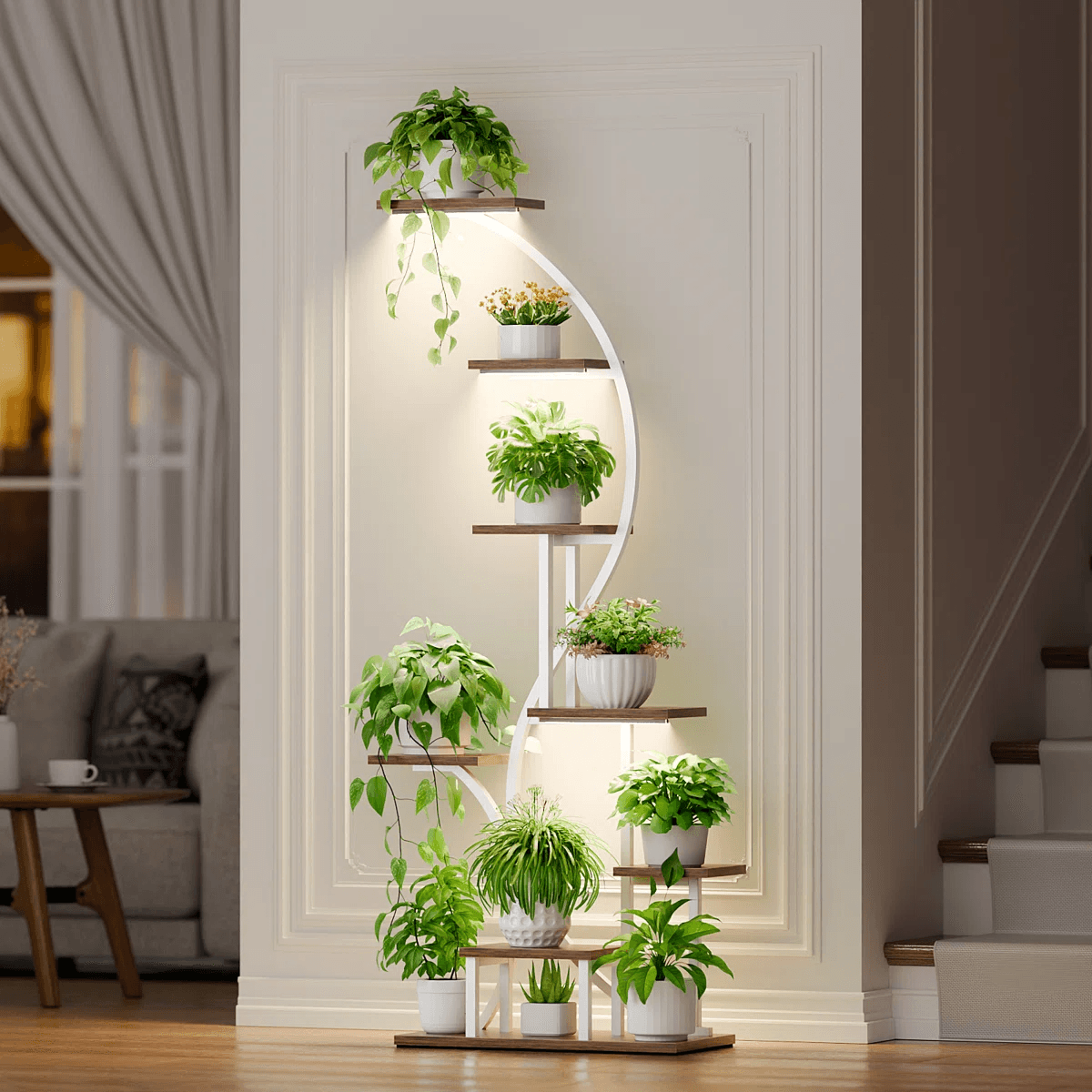 8 Tier Indoor Plant Stand With Grow Lights And 10 Pot Holders 8