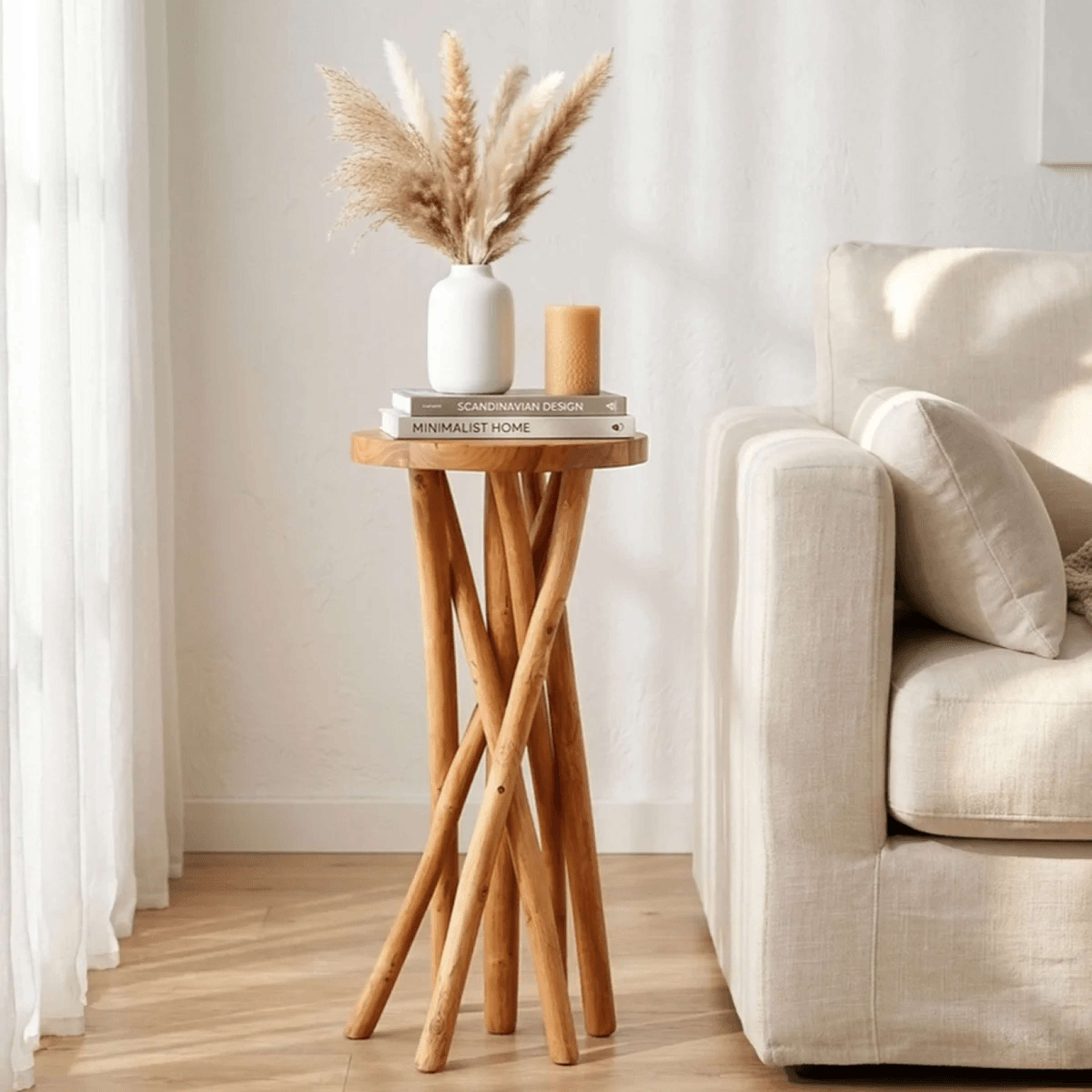 Teak Wood Plant Stand With Natural Branch Legs And Round Top 7