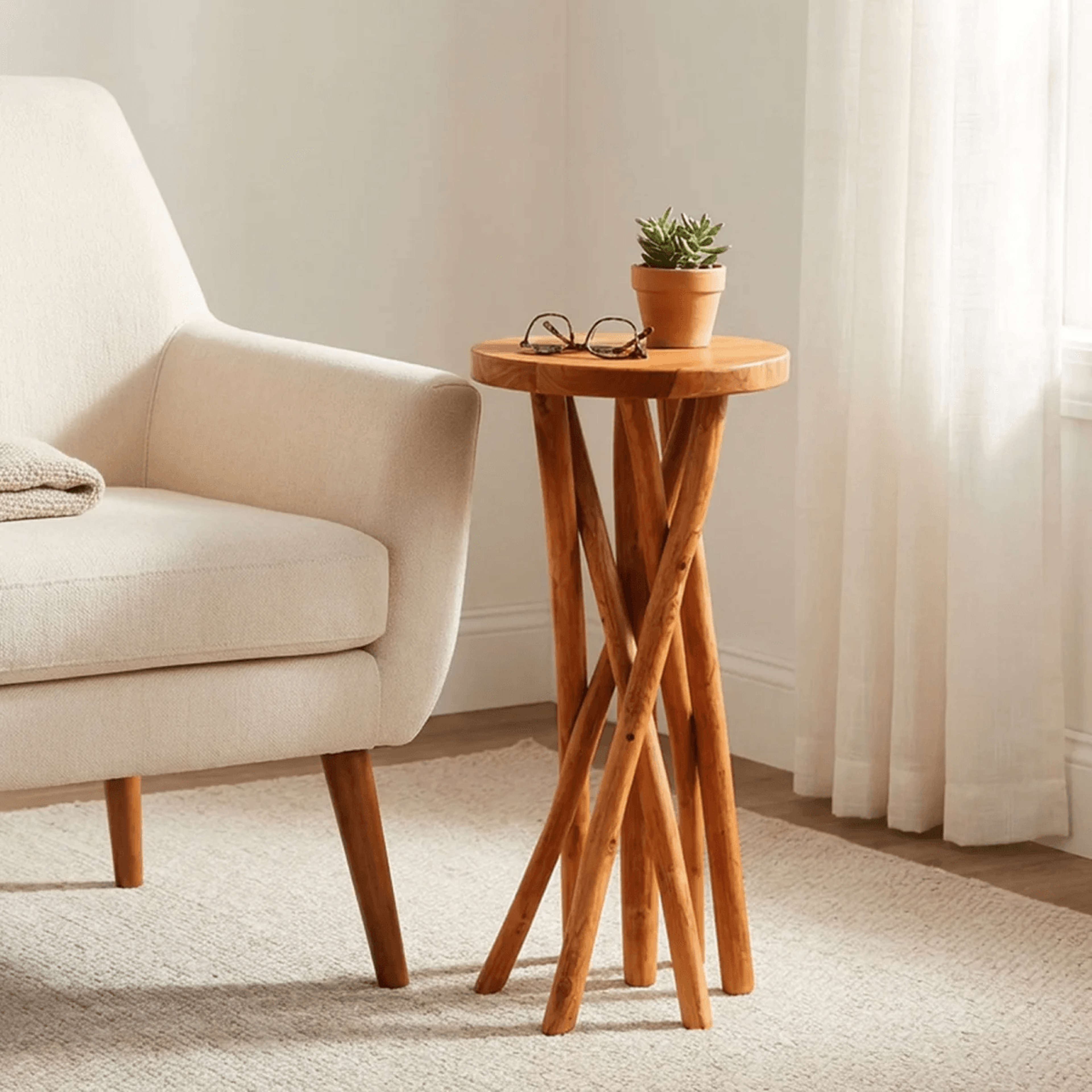 teak wood plant stand with natural branch legs and round top