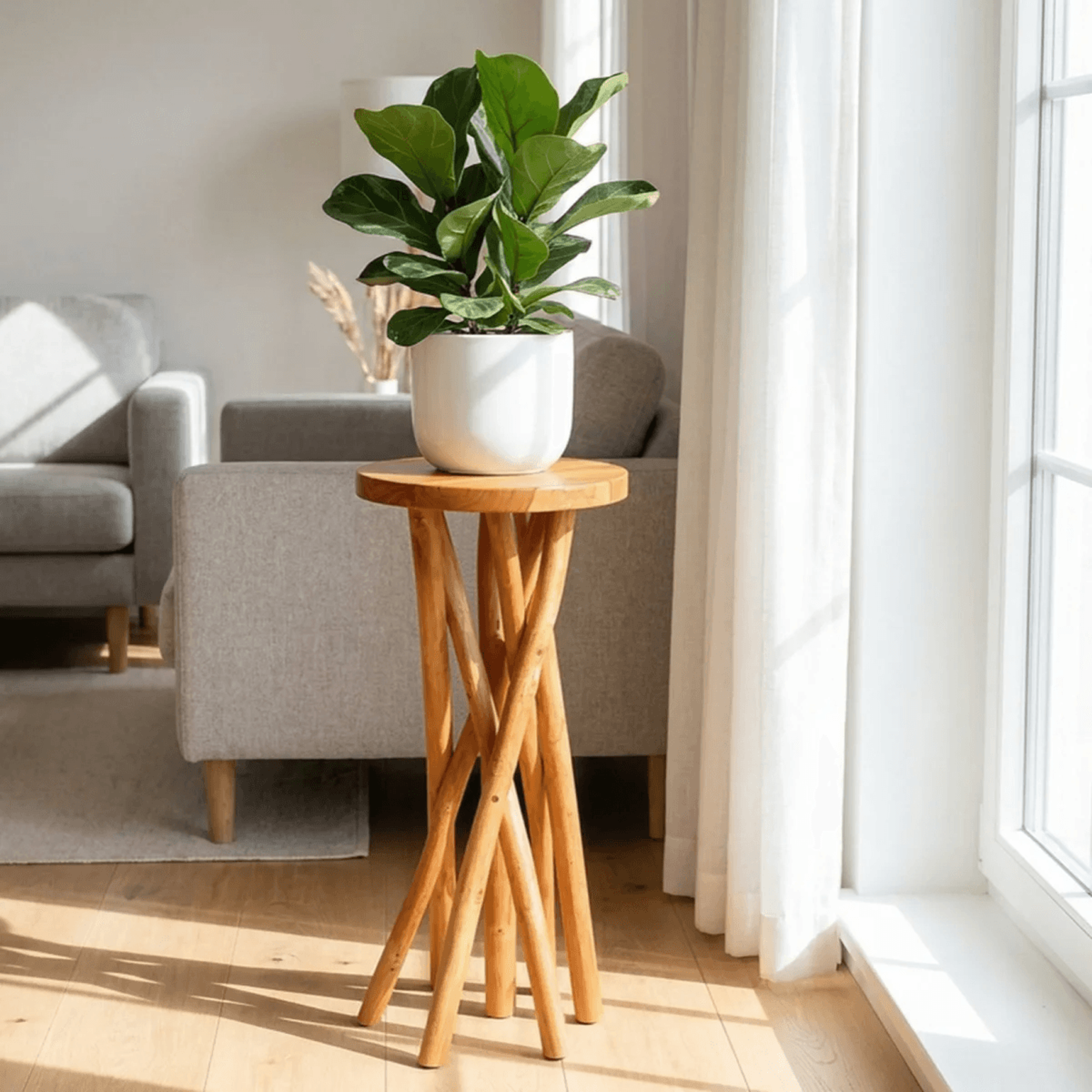 Teak Wood Plant Stand With Natural Branch Legs And Round Top 9