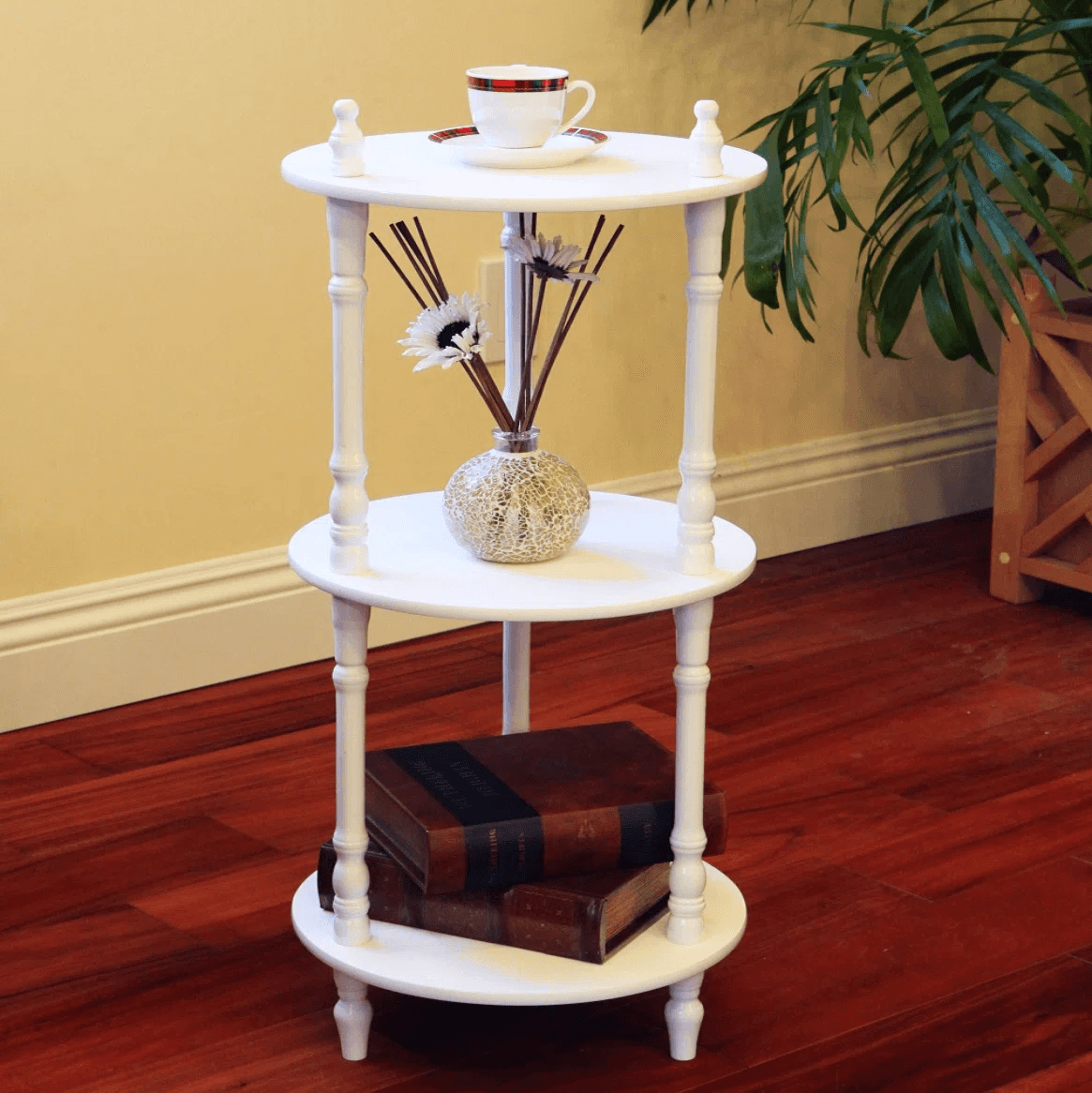 3 tier solid wood plant stand with round shelves white