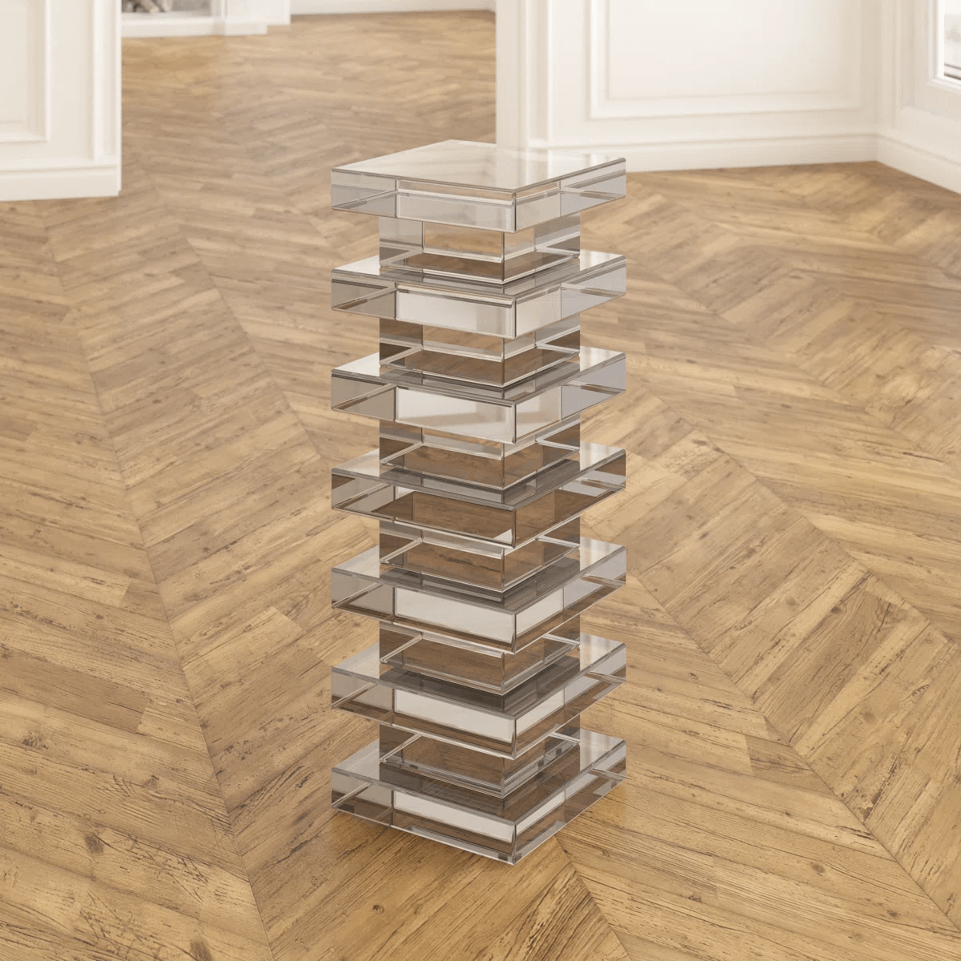 Mirrored Glass Pedestal Plant Stand With Modern Stacked Design 3