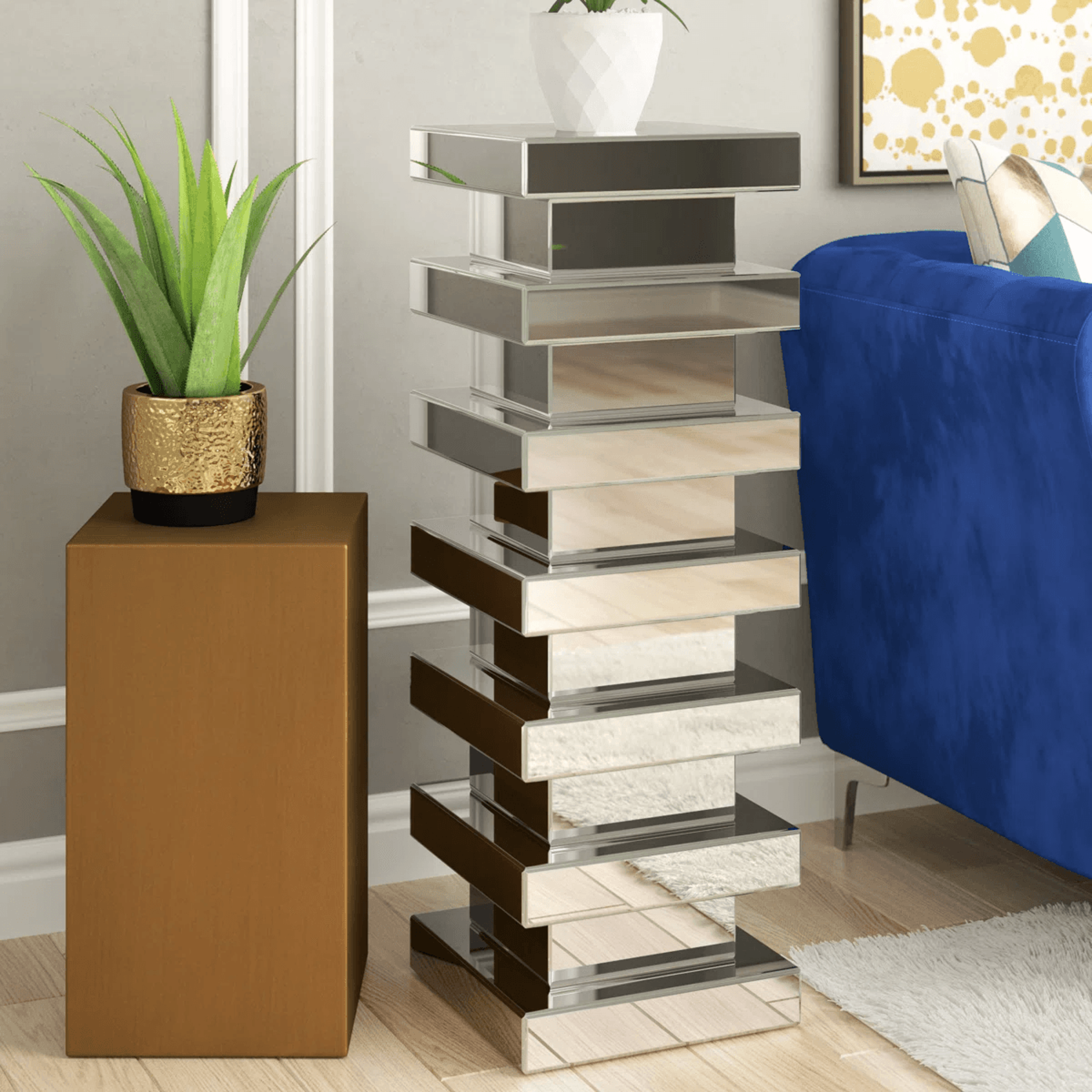 mirrored glass pedestal plant stand with modern stacked design