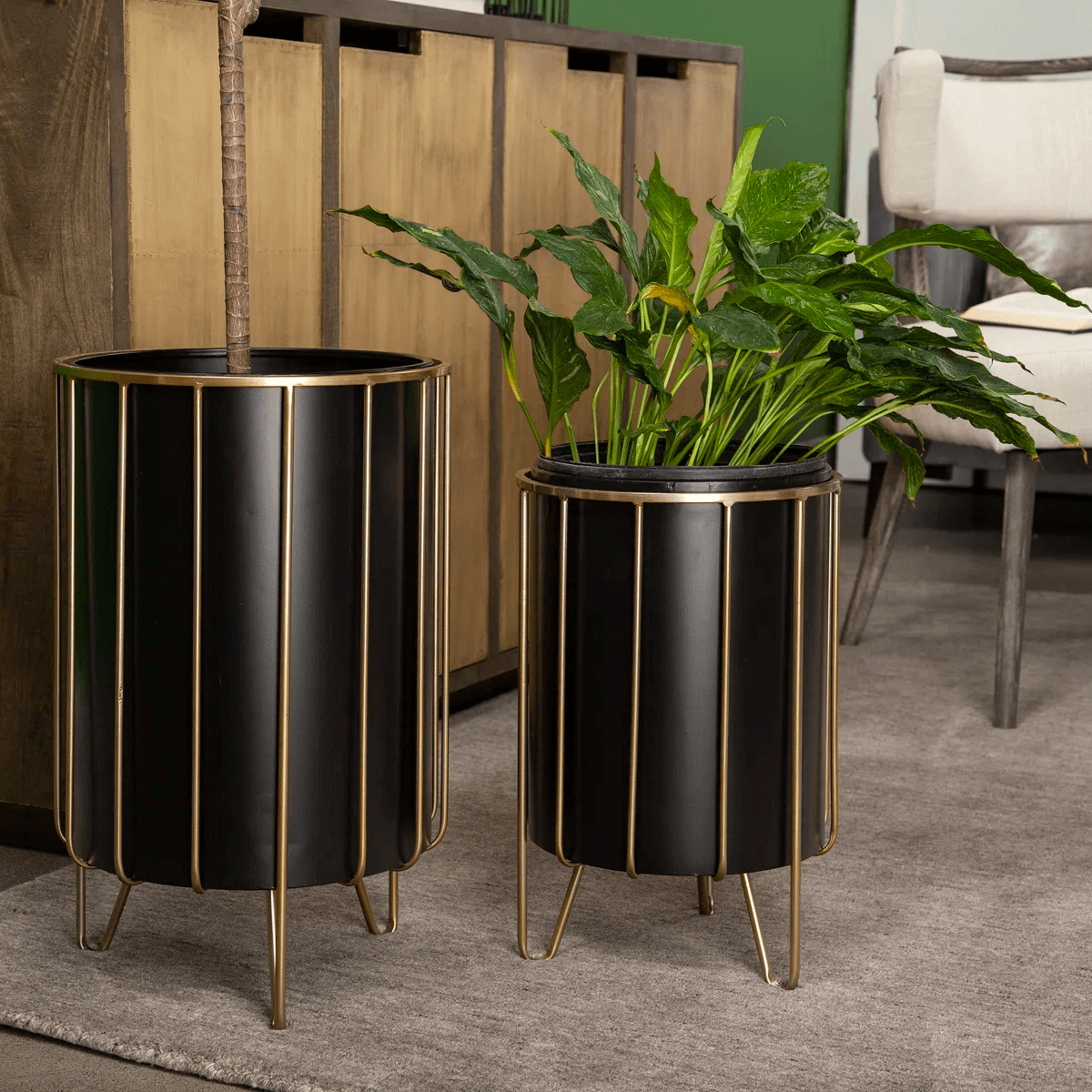 iron plant stand set of 2 with black and gold metal pedestal design