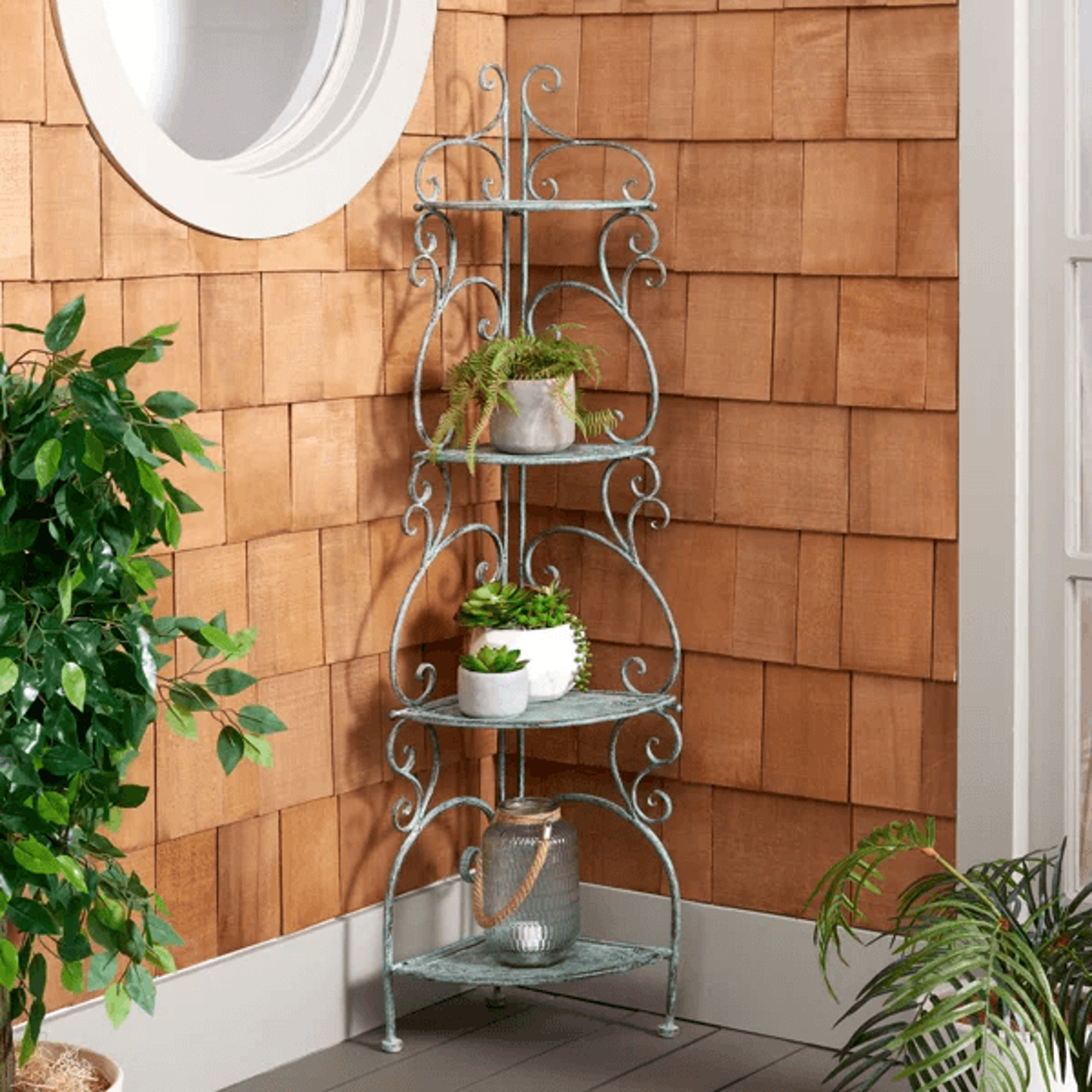 4 Tier Metal Corner Plant Stand With Decorative Scrollwork For Outdoor Spaces 11