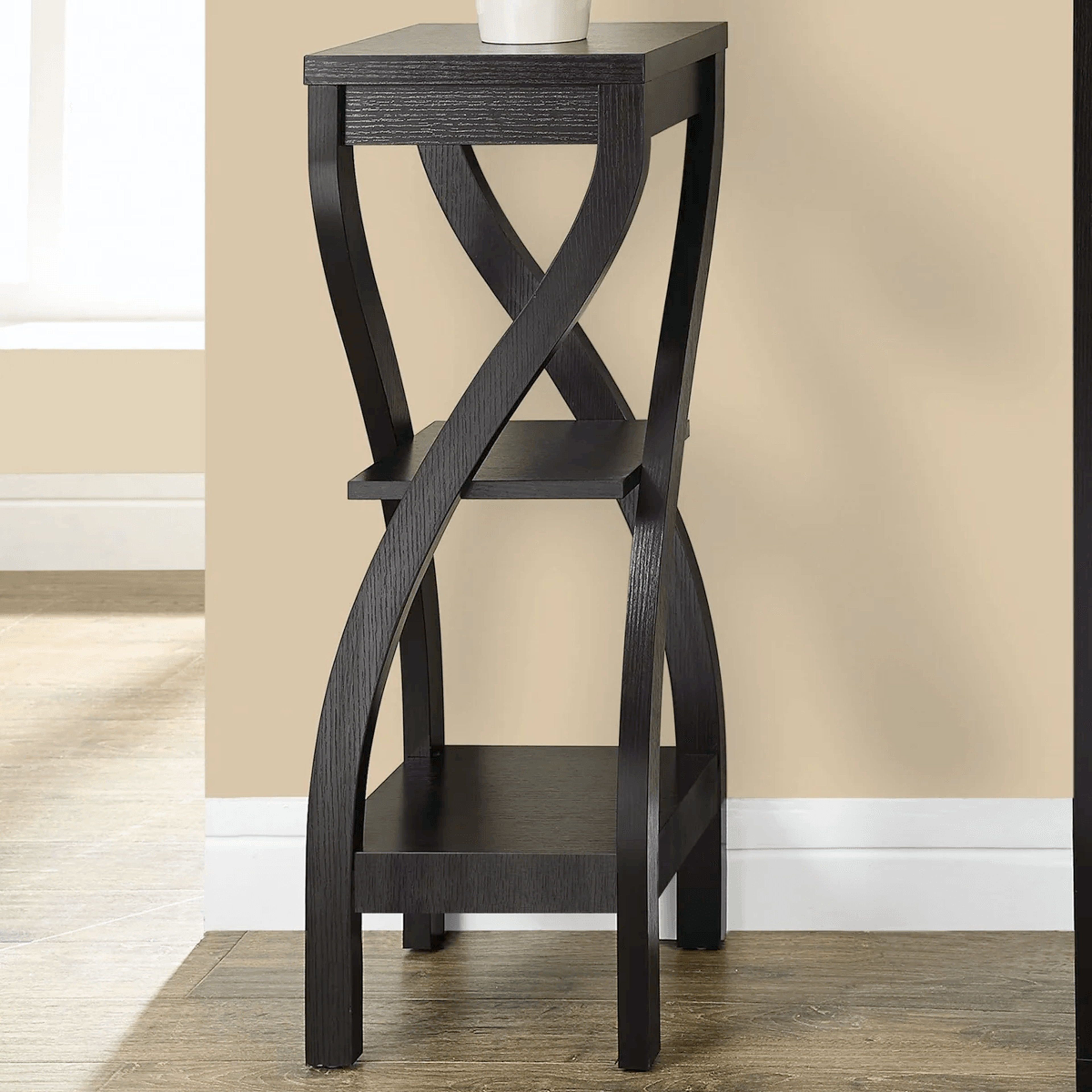 3 tier wooden plant stand with spiral design and square shelves