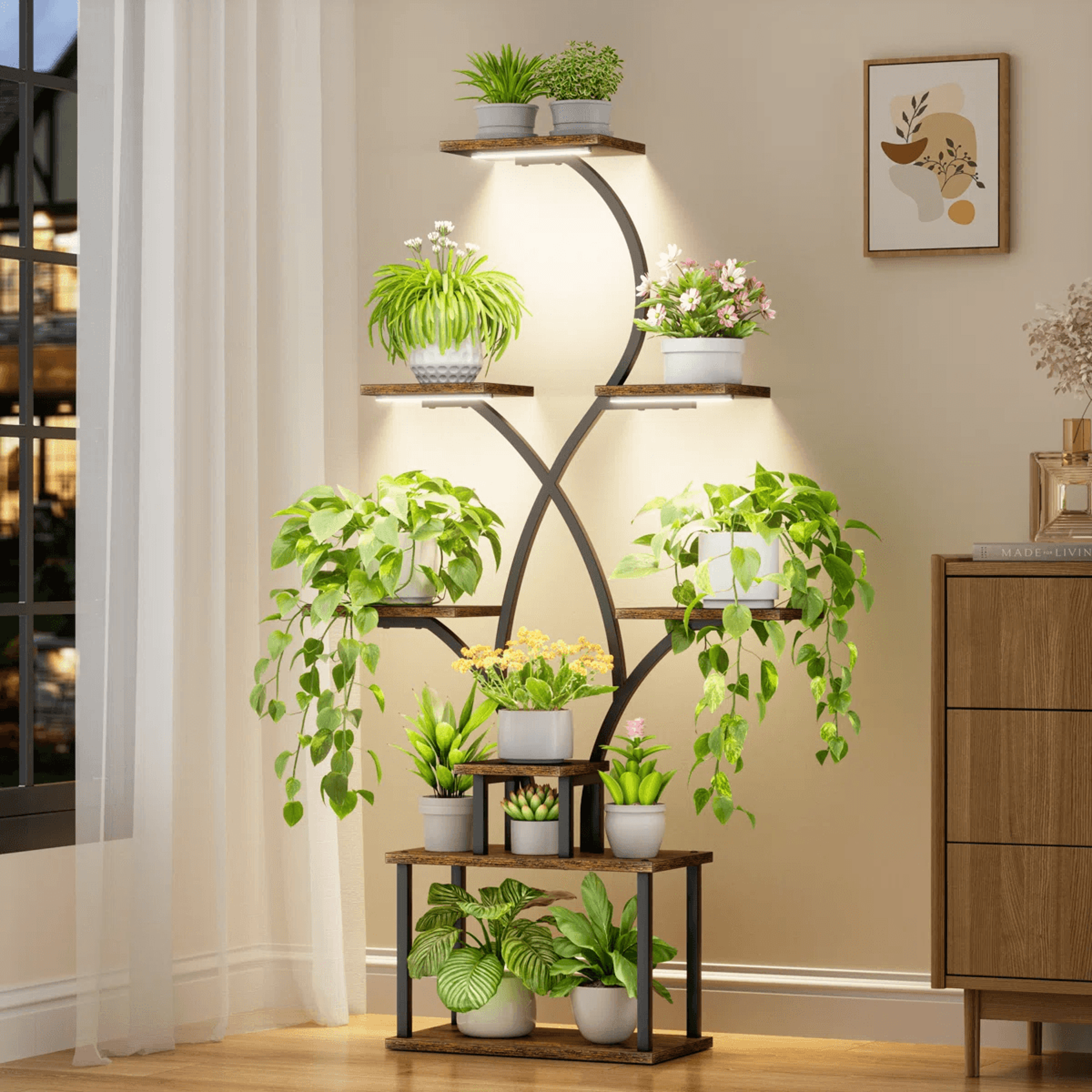 8 tier indoor plant stand with grow lights and corner shelves