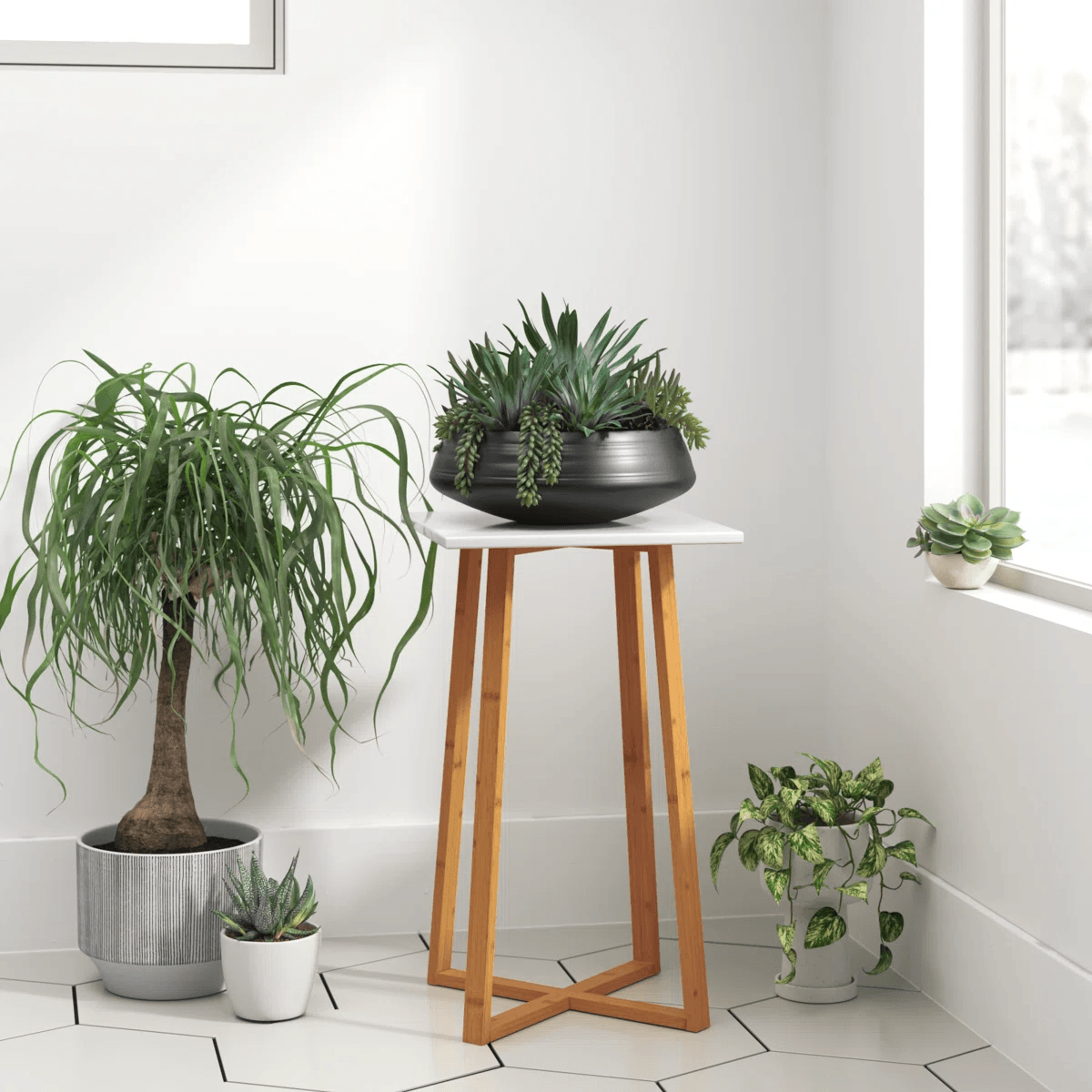modern bamboo and wood plant stand with square top and x shaped base