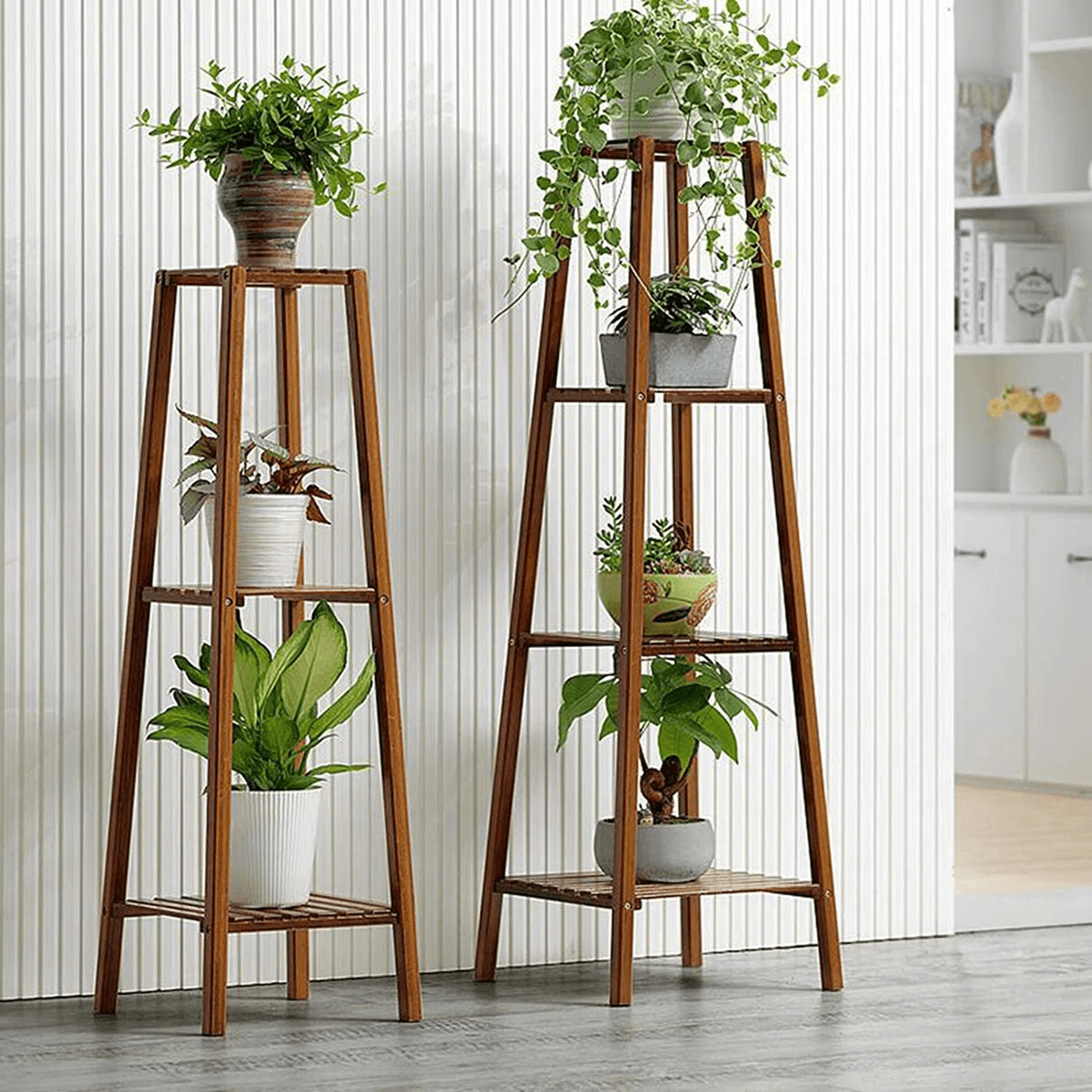 4 tier bamboo wood plant stand with open shelves for indoor display