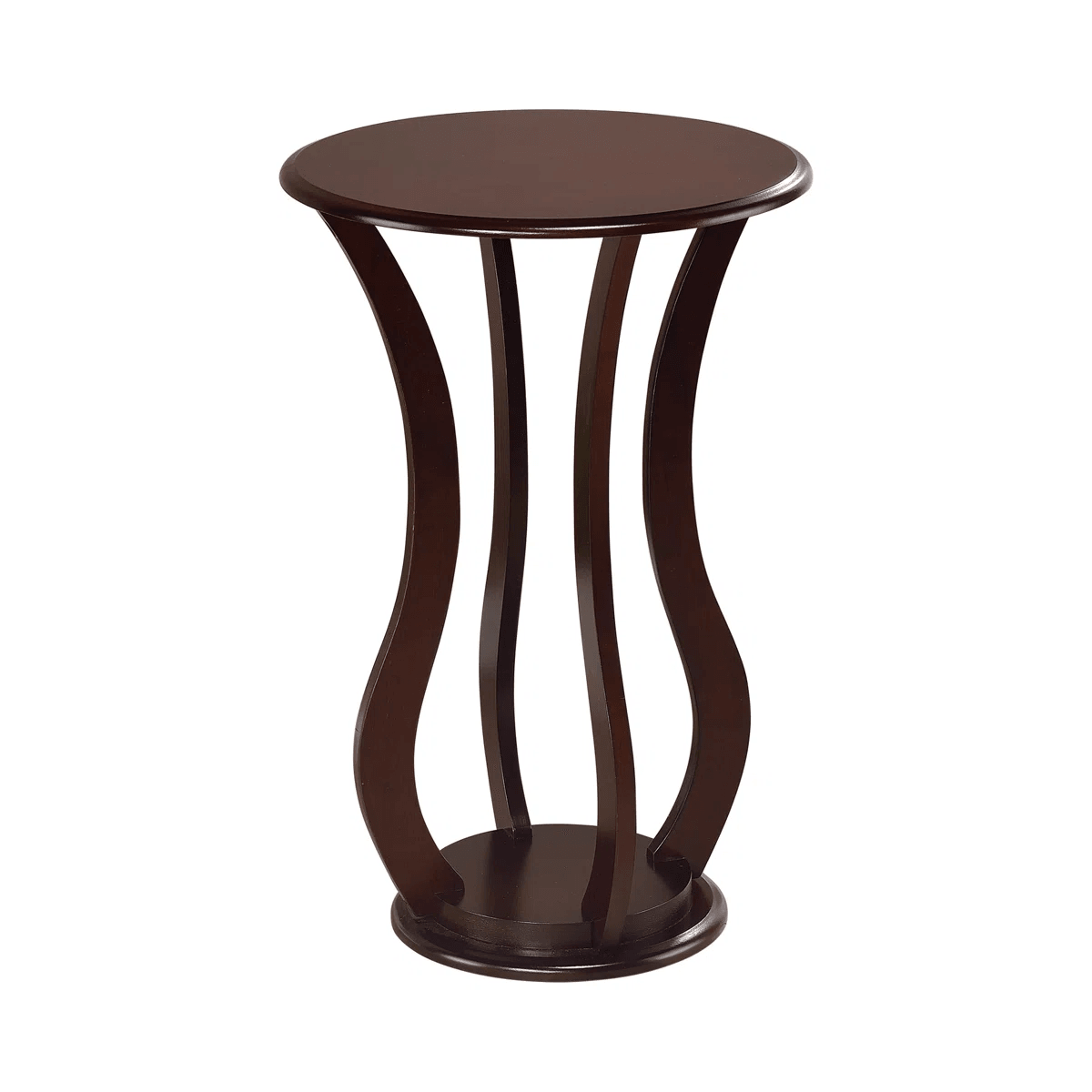 round wood plant stand with two tier storage and cherry finish