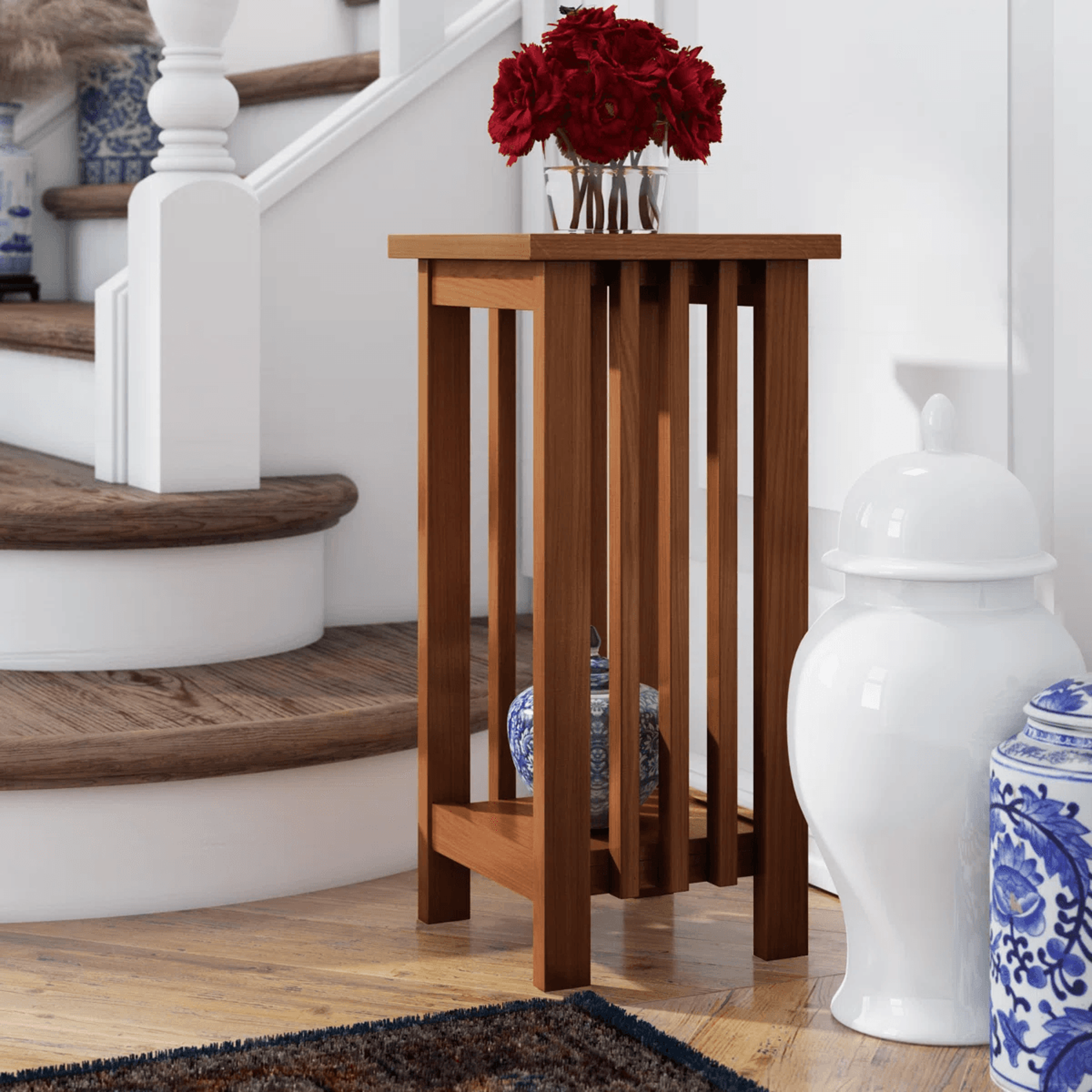 2 tier solid birch wood plant stand with slatted shelves
